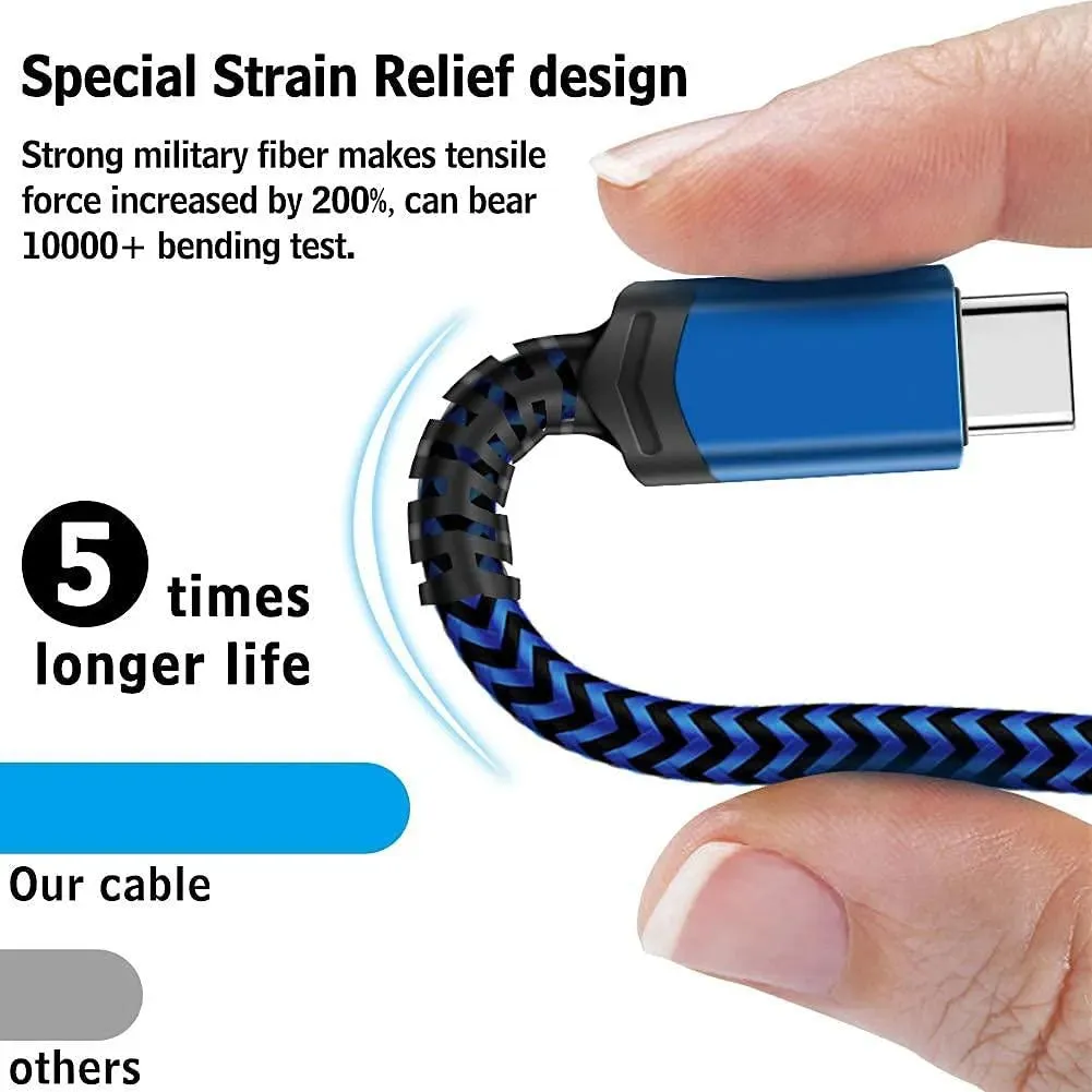 Blue Protected USB C Cable USB-C to USB-A Fast Charging Aluminum Housing Compatible with Samsung Galaxy S10 S9 Note 9 8 S8 Plus,LG V30 V20 G6 & more - 3 Sizes