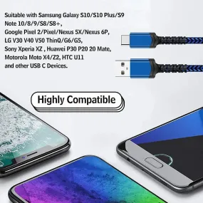 Blue Protected USB C Cable USB-C to USB-A Fast Charging Aluminum Housing Compatible with Samsung Galaxy S10 S9 Note 9 8 S8 Plus,LG V30 V20 G6 & more - 3 Sizes