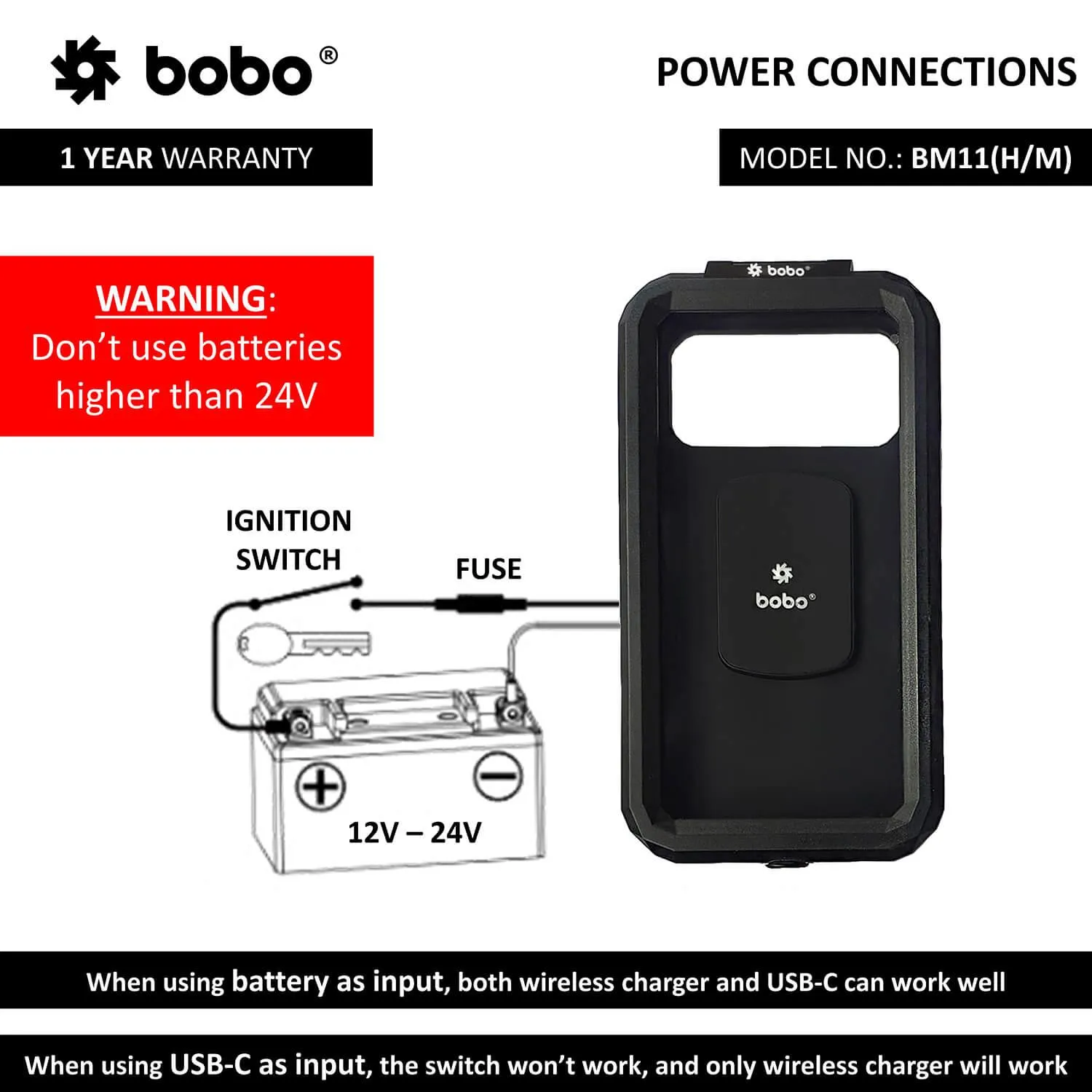 BOBO BM11 Fully Waterproof motorcycle Phone Holder (with Fast 15W Wireless Charger & USB-C Input/Output Port) Motorcycle Mobile Mount