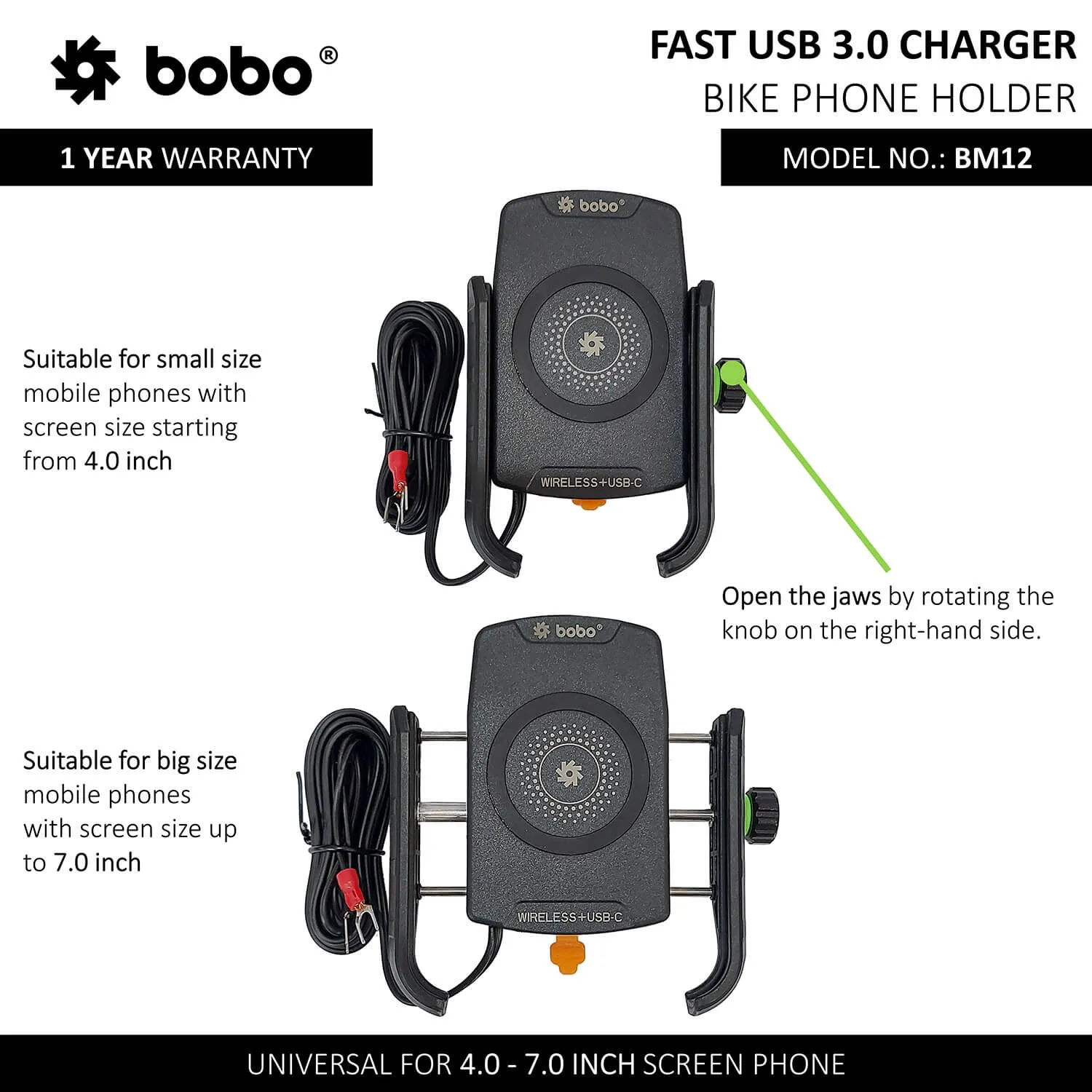 BOBO BM12 Bike Phone Holder (with Fast 15W Wireless Charger & USB-C Input/Output Port) Motorcycle Mobile Mount