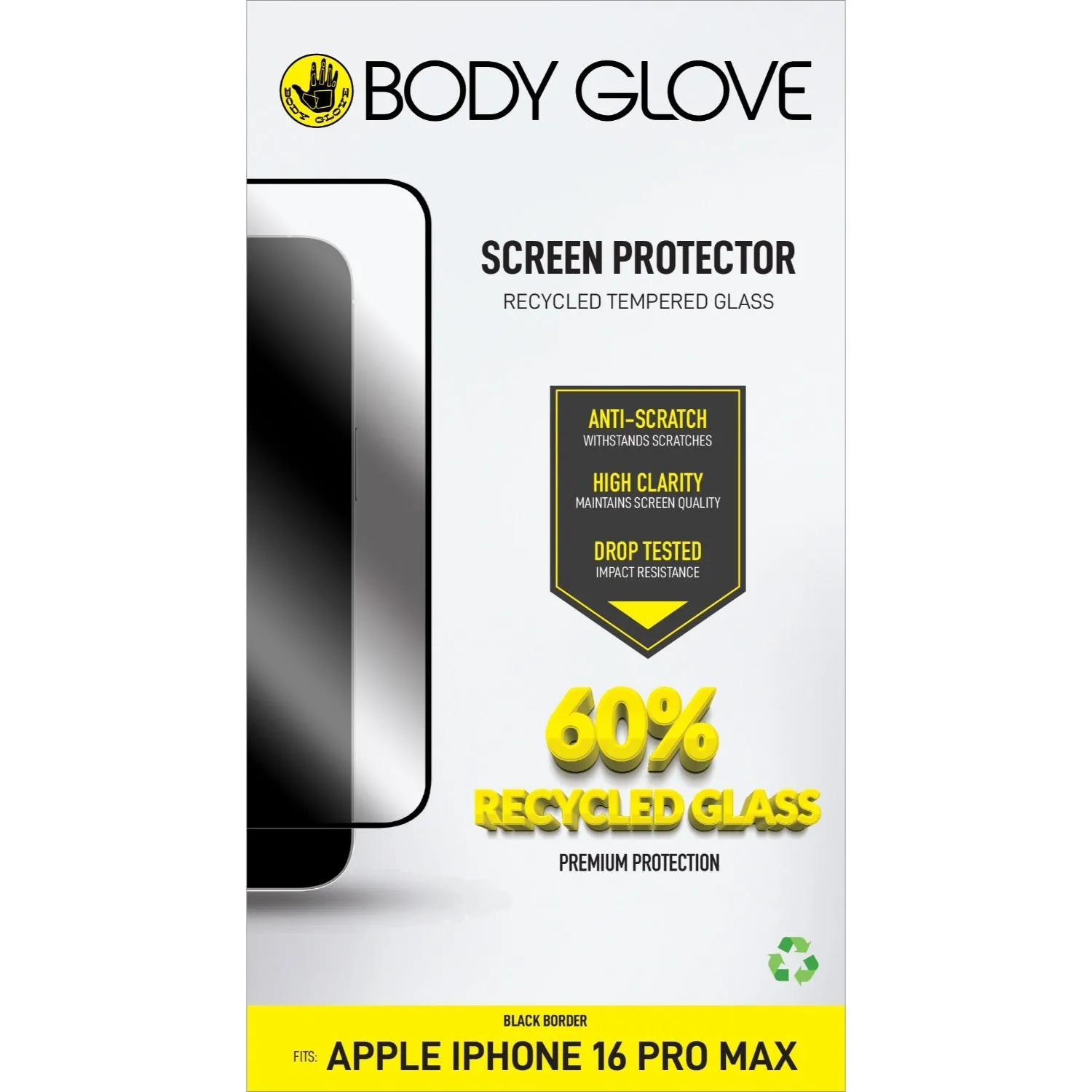 Body Glove Recycled Tempered Glass Screen Protector - Apple iPhone 16 Pro Max - Black Border (BGSGRTG-I16PM-B)