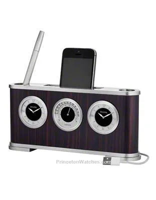 Bulova Woodside Desk Clock & Weather Station - Pen Included - Smartphone Holder