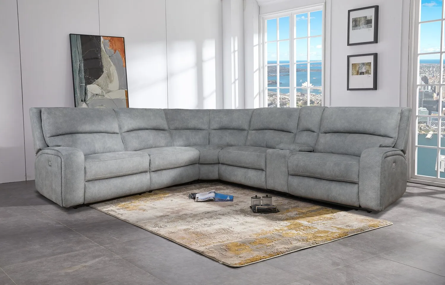 Burton Power Reclining Sectional Sofa with Power Headrest - Pebble Grey