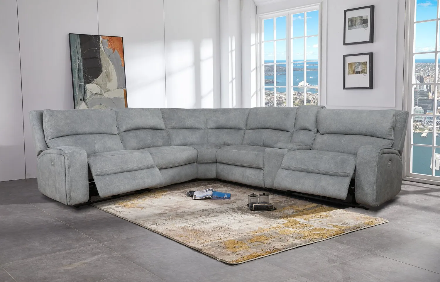 Burton Power Reclining Sectional Sofa with Power Headrest - Pebble Grey