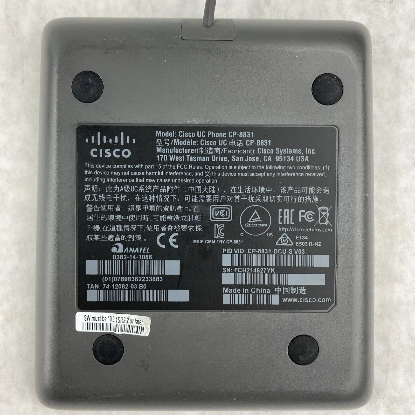 Cisco CP-8831 UC Conference Phone Base w/ Control Unit but NO POWER SUPPLY