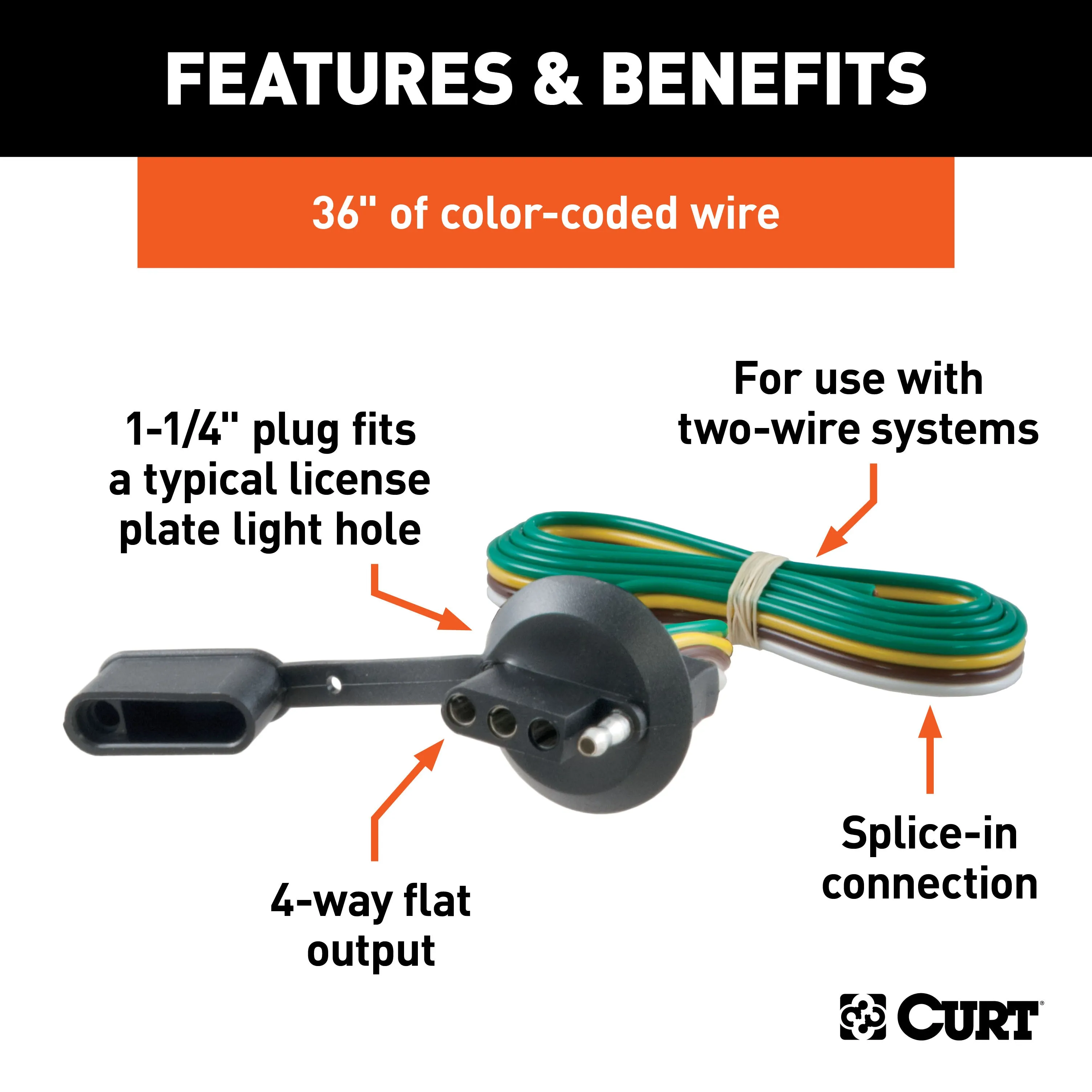 CURT 57405 4-Way Flat License Plate Light Plug Connector Socket with 36in. Wires (Packaged)