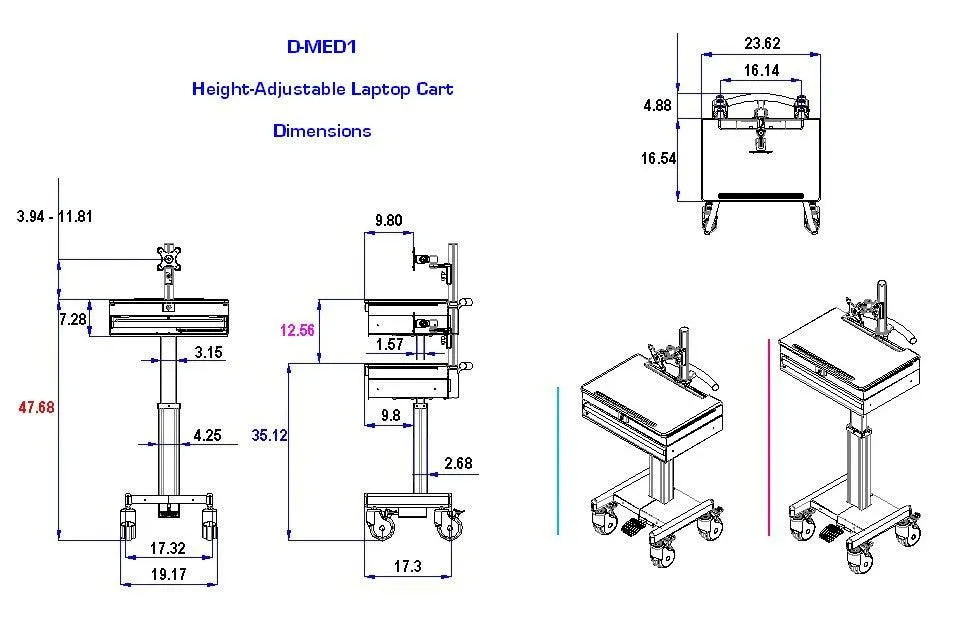 DMED1-C Sit to Stand Mobile Medical Computer Cart lockable Laptop Drawer, Monitor Stand & Keyboard Shelf