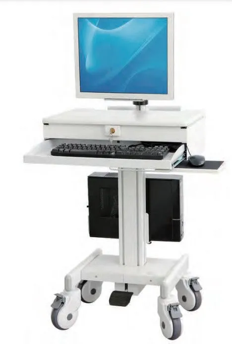 DMED1-C Sit to Stand Mobile Medical Computer Cart lockable Laptop Drawer, Monitor Stand & Keyboard Shelf