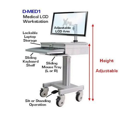 DMED1-C Sit to Stand Mobile Medical Computer Cart lockable Laptop Drawer, Monitor Stand & Keyboard Shelf