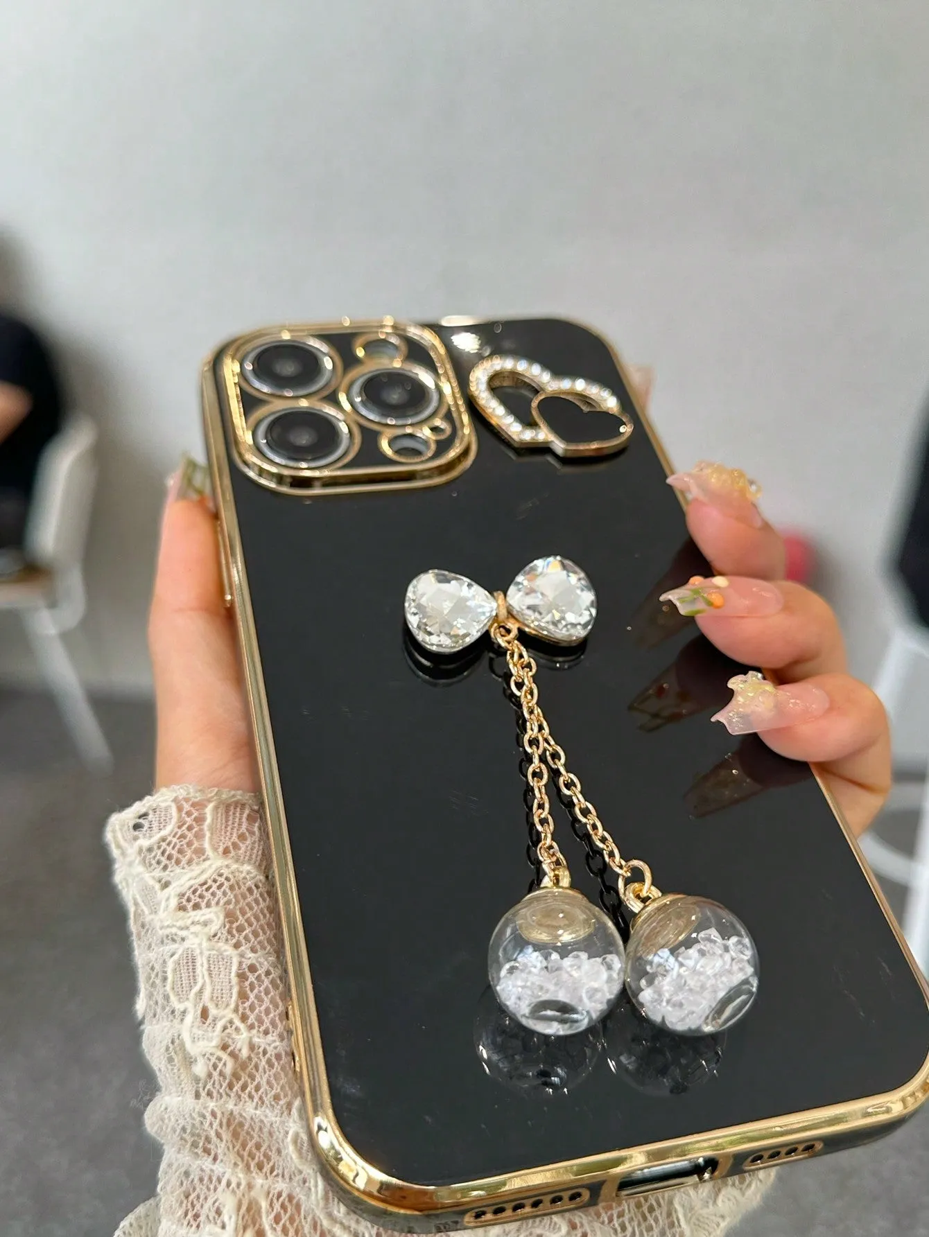 Electroplating Anti-fall Phone Case Set With Metallic Rhinestone Heart Decoration, Bowknot Wishing Bottle Compatible With Apple, Samsung, Xiaomi, Oppo, Vivo Phones