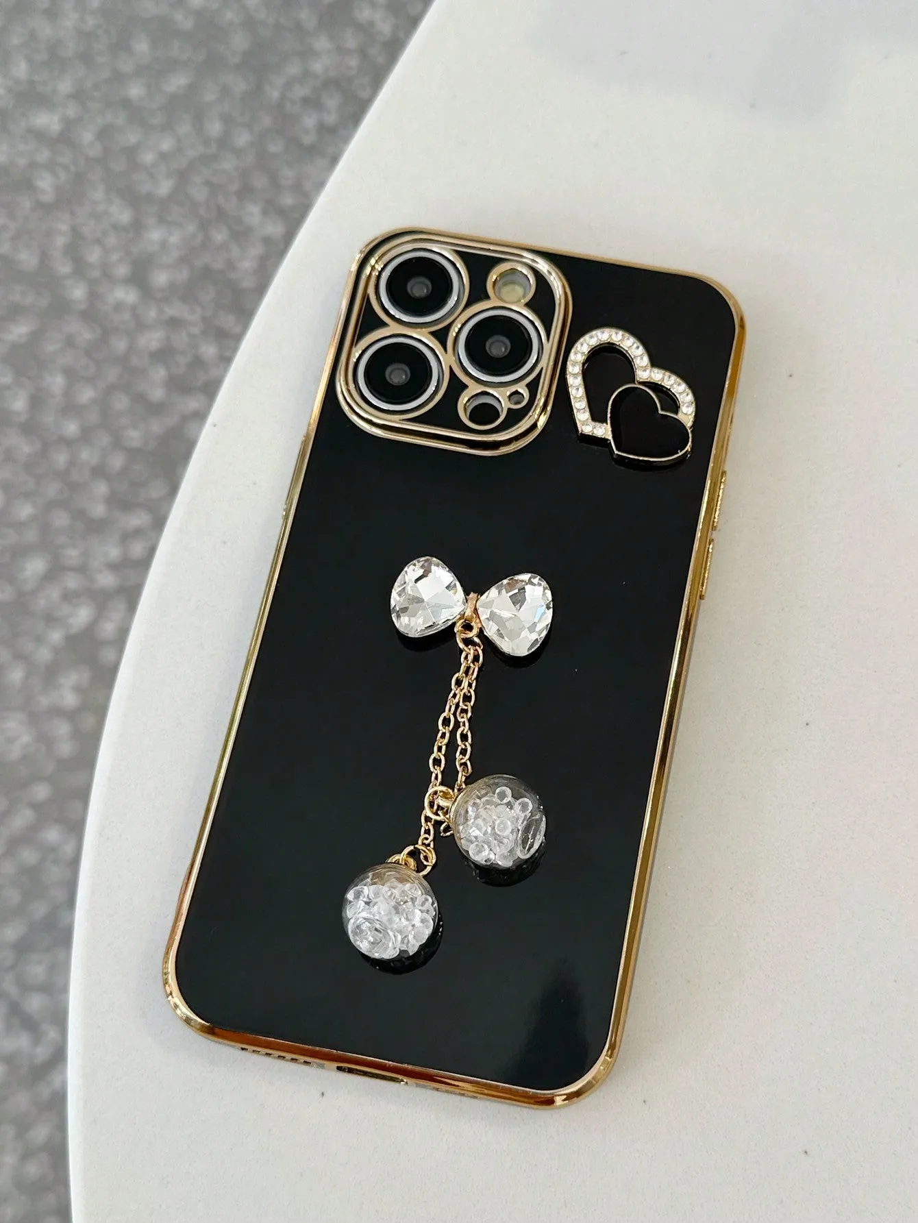 Electroplating Anti-fall Phone Case Set With Metallic Rhinestone Heart Decoration, Bowknot Wishing Bottle Compatible With Apple, Samsung, Xiaomi, Oppo, Vivo Phones