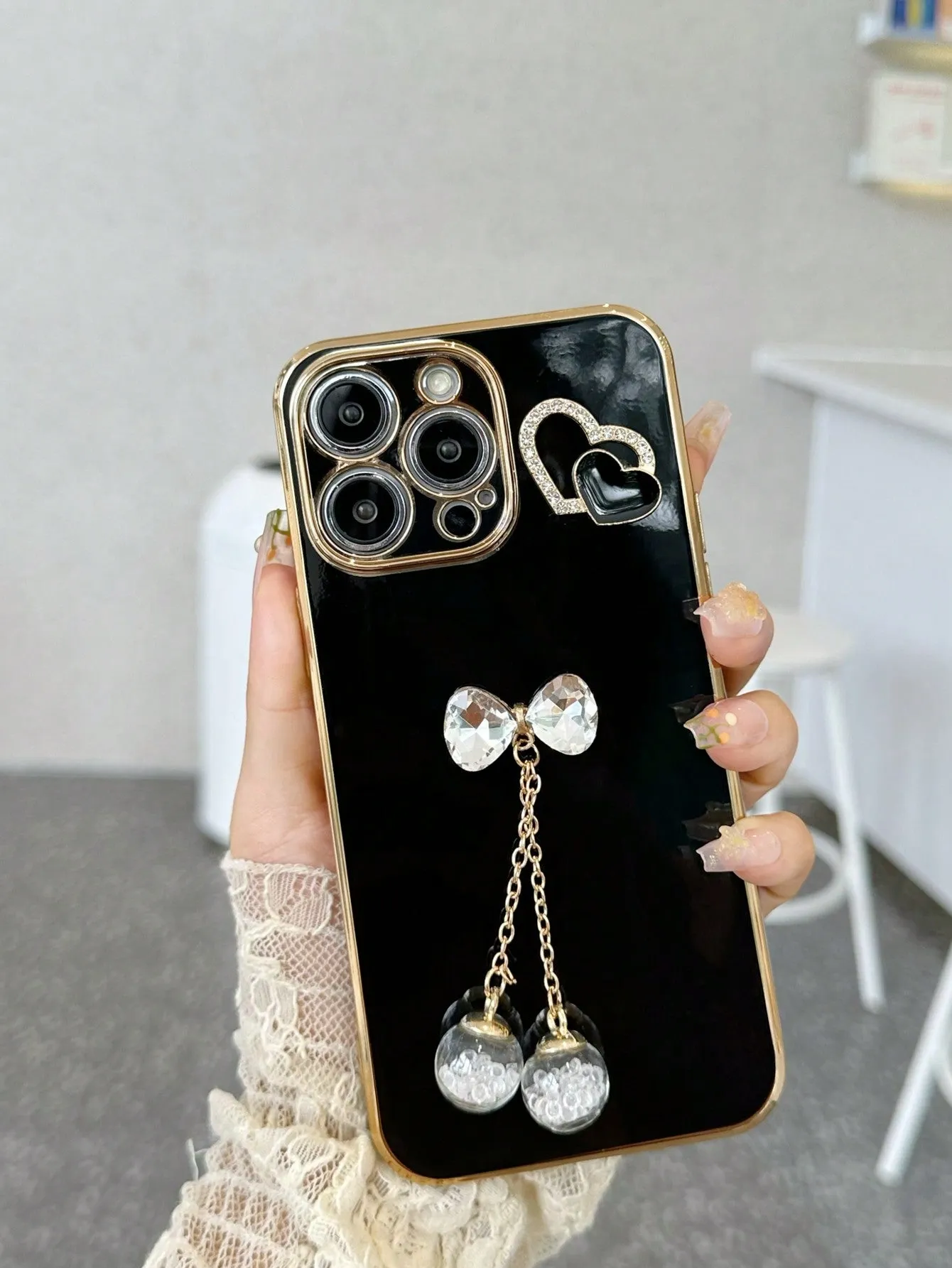 Electroplating Anti-fall Phone Case Set With Metallic Rhinestone Heart Decoration, Bowknot Wishing Bottle Compatible With Apple, Samsung, Xiaomi, Oppo, Vivo Phones