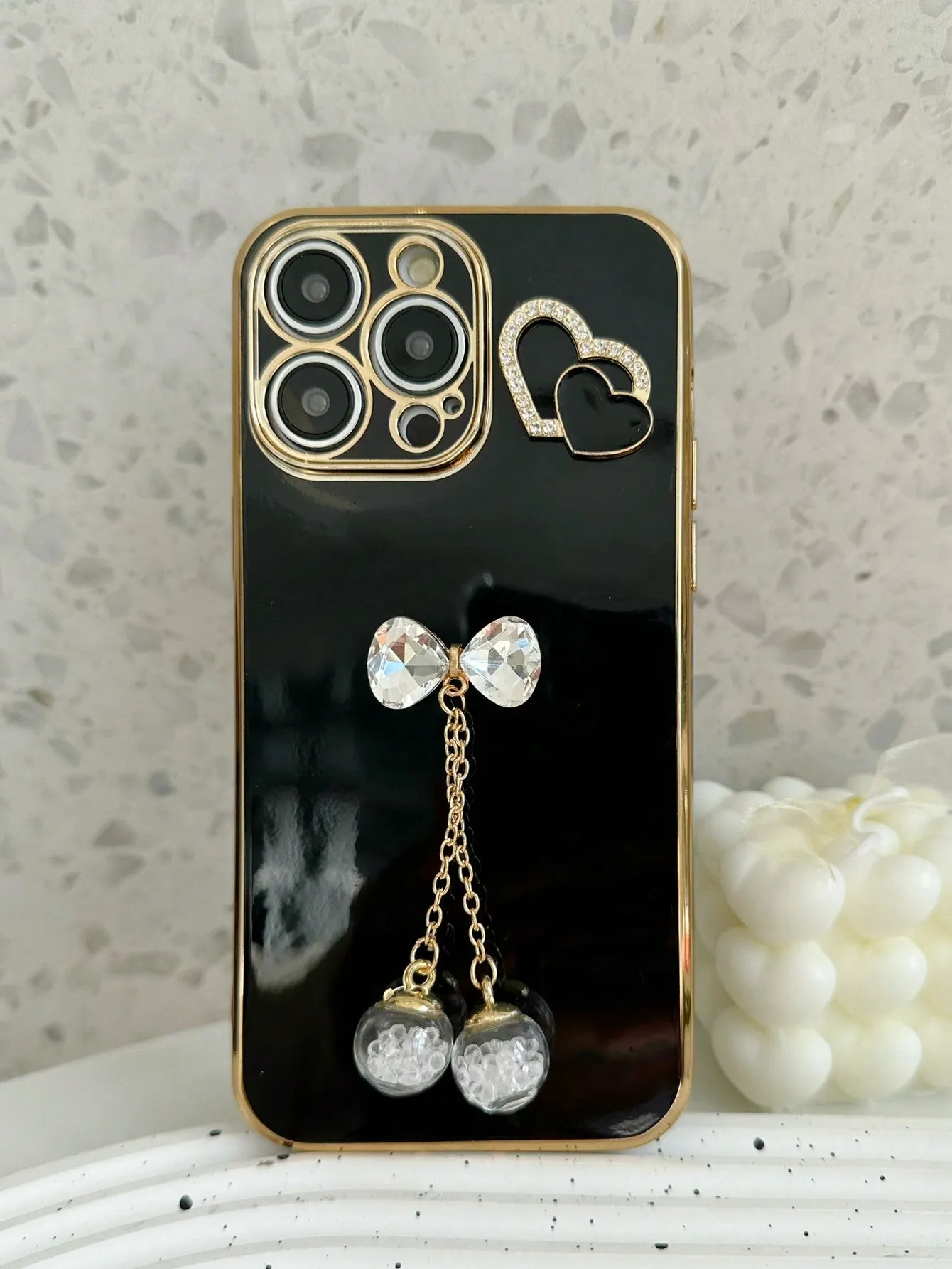 Electroplating Anti-fall Phone Case Set With Metallic Rhinestone Heart Decoration, Bowknot Wishing Bottle Compatible With Apple, Samsung, Xiaomi, Oppo, Vivo Phones