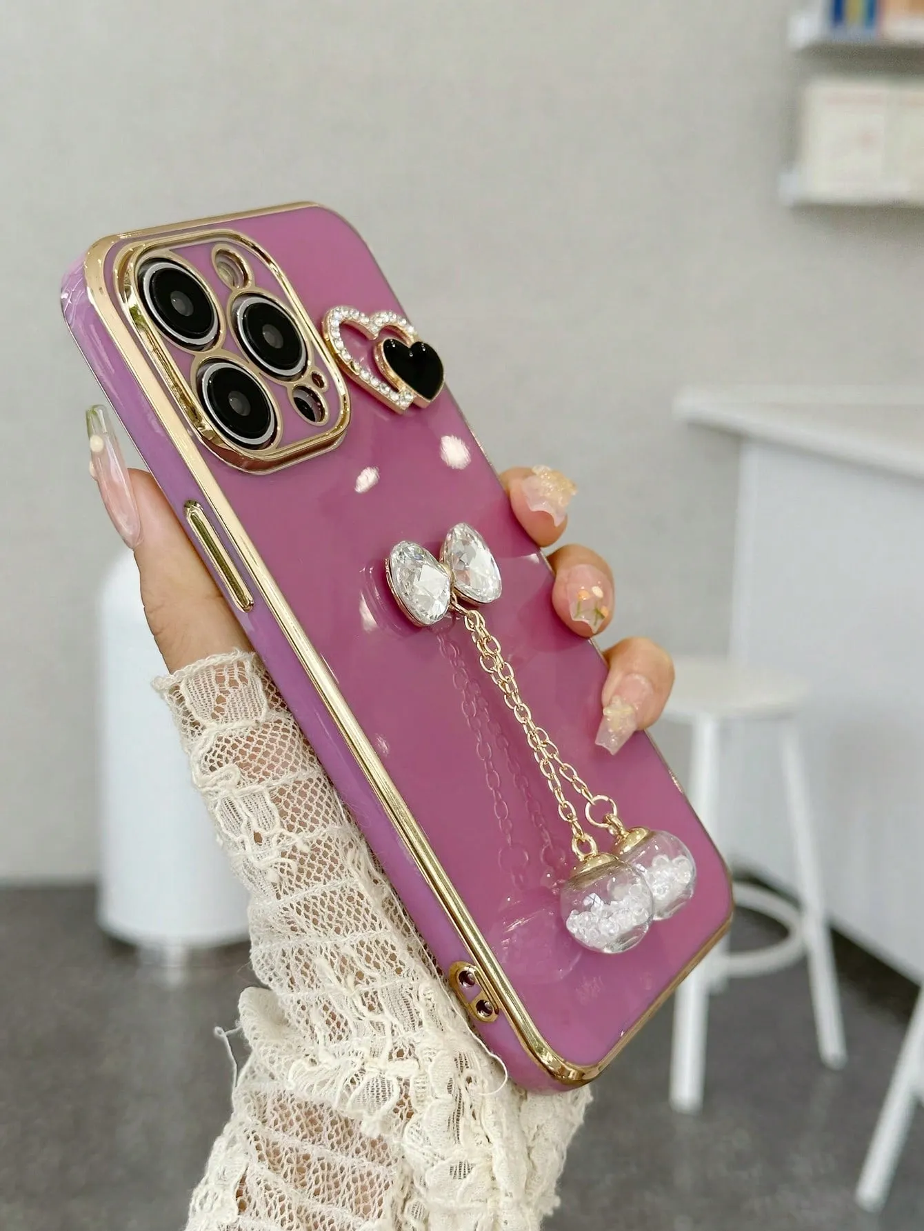 Electroplating Anti-fall Phone Case Set With Metallic Rhinestone Heart Decoration, Bowknot Wishing Bottle Compatible With Apple, Samsung, Xiaomi, Oppo, Vivo Phones