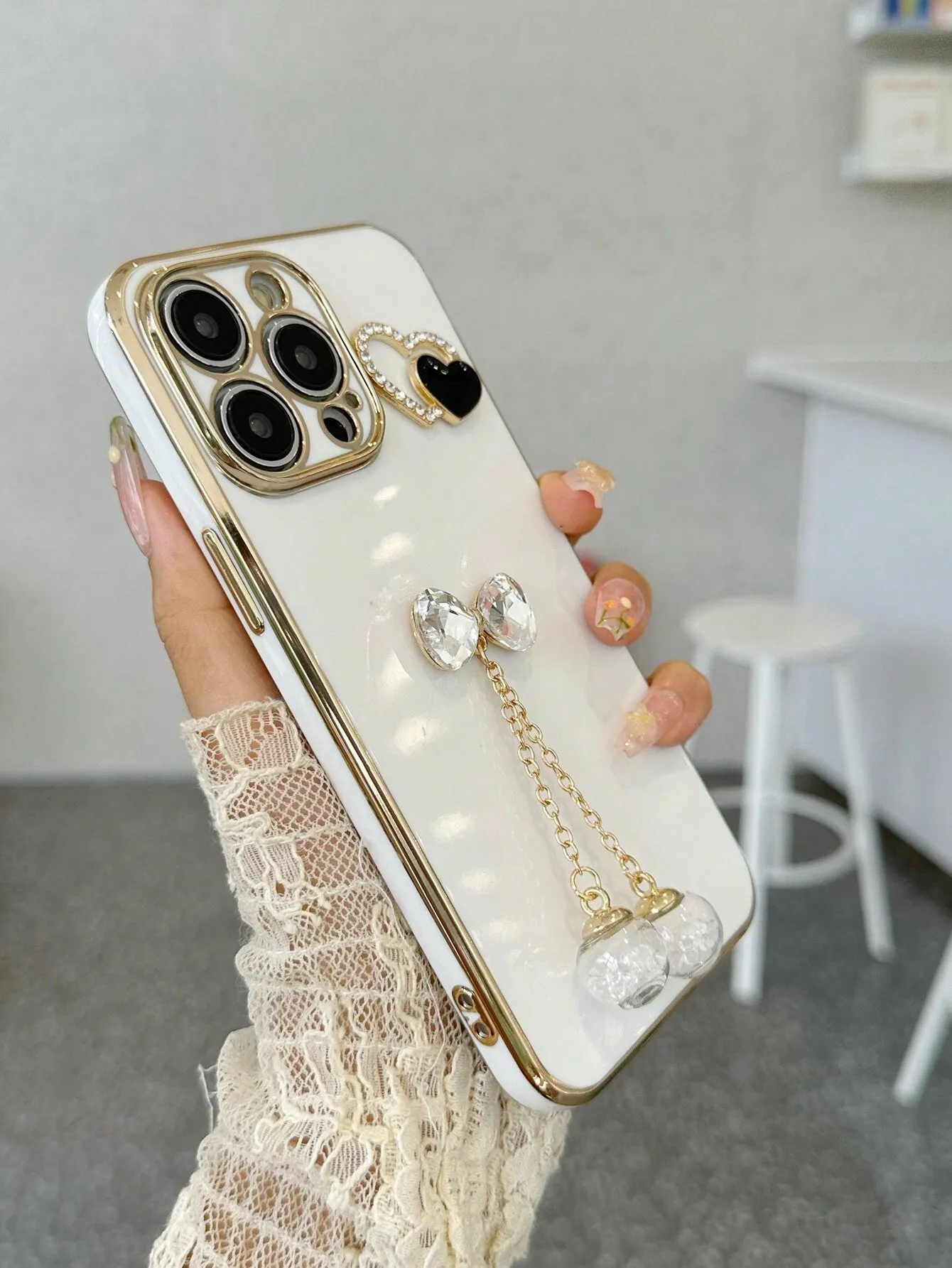 Electroplating Anti-fall Phone Case Set With Metallic Rhinestone Heart Decoration, Bowknot Wishing Bottle Compatible With Apple, Samsung, Xiaomi, Oppo, Vivo Phones