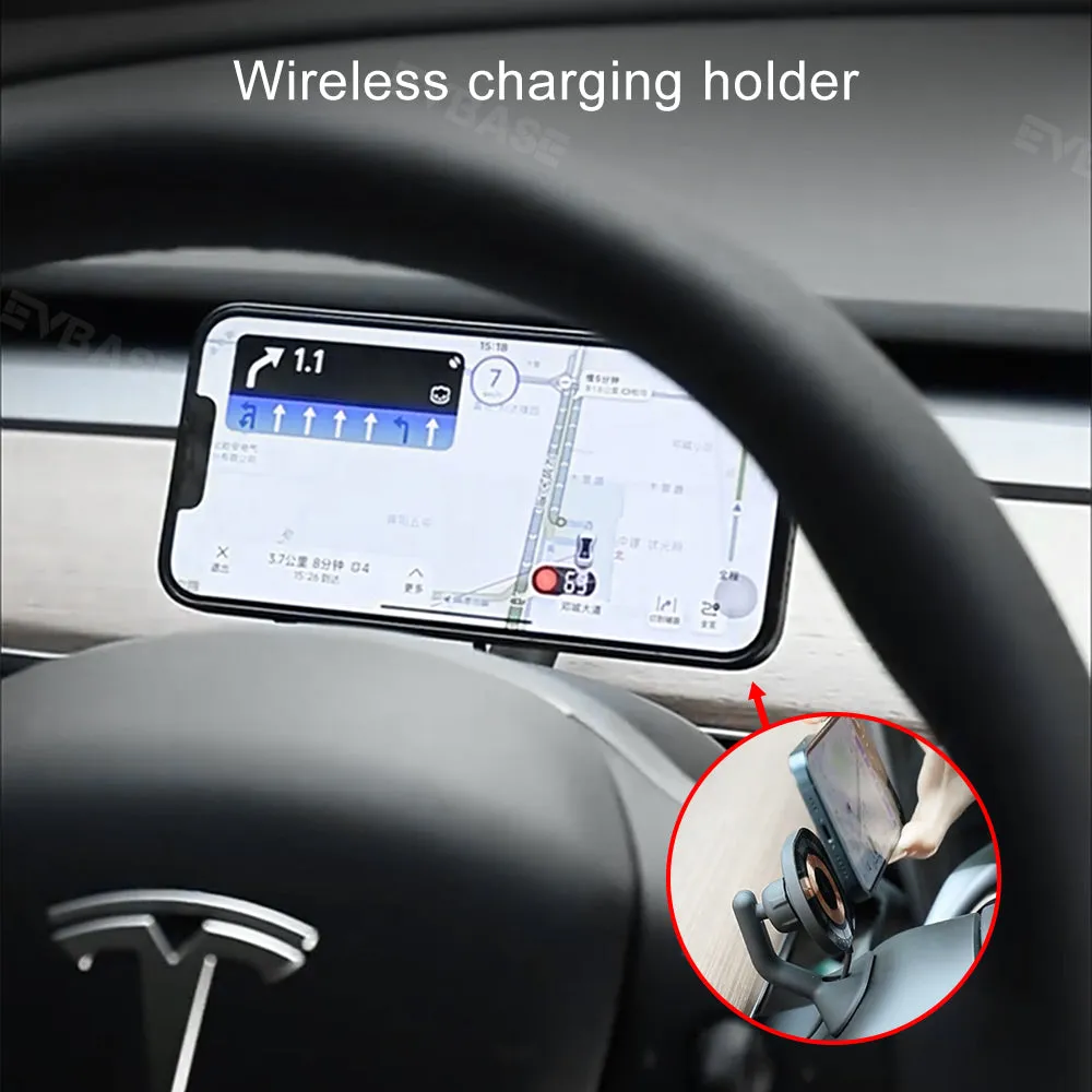 EVBASE Wireless Charging Phone Mount MagSafe Magnetic Phone Holder Behind Steering Wheel For Tesla Model 3 Y 3 Highland