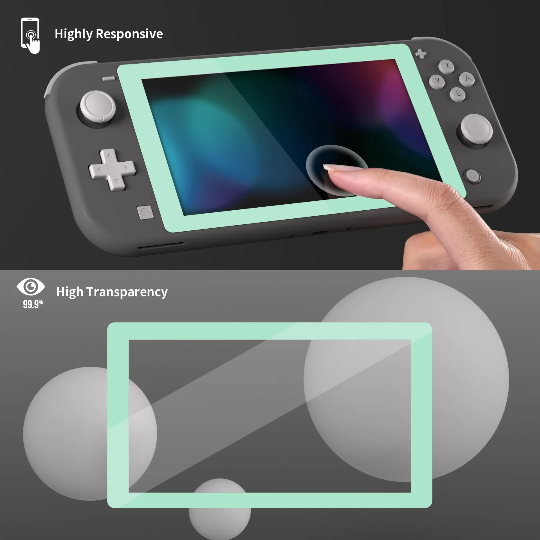 eXtremeRate 2 Pack Misty Green Border Transparent HD Saver Protector Film, Tempered Glass Screen Protector for Nintendo Switch Lite [Anti-Scratch, Anti-Fingerprint, Shatterproof, Bubble-Free] - HL732