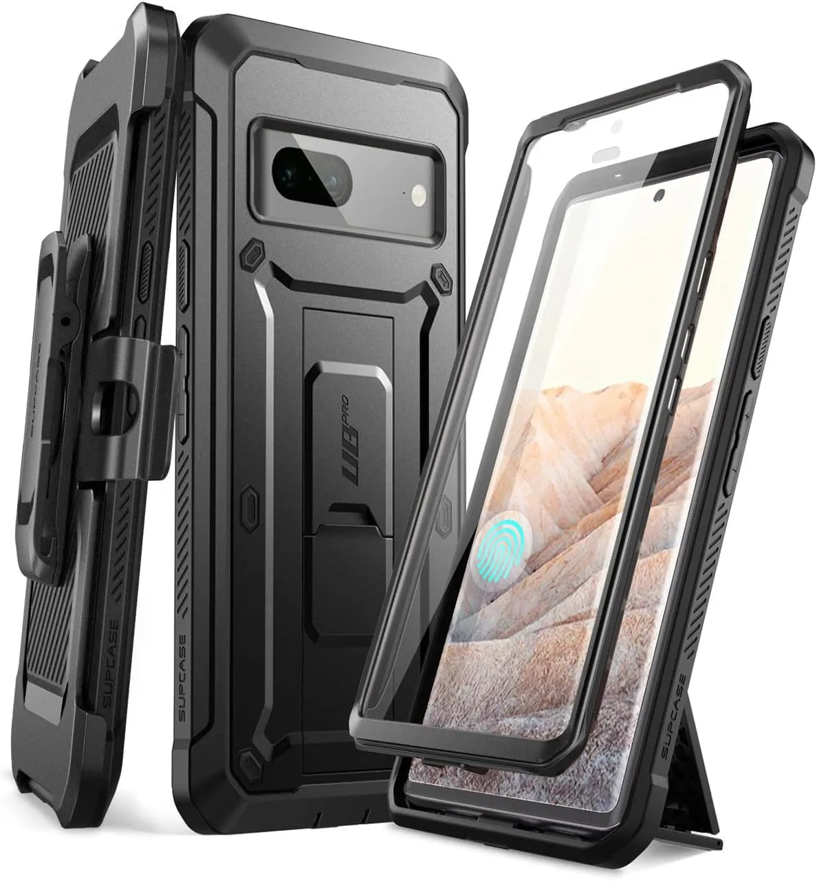 Google Pixel 7, Full-Body Rugged Belt-Clip & Kickstand Case  Built-in Screen Protector Black