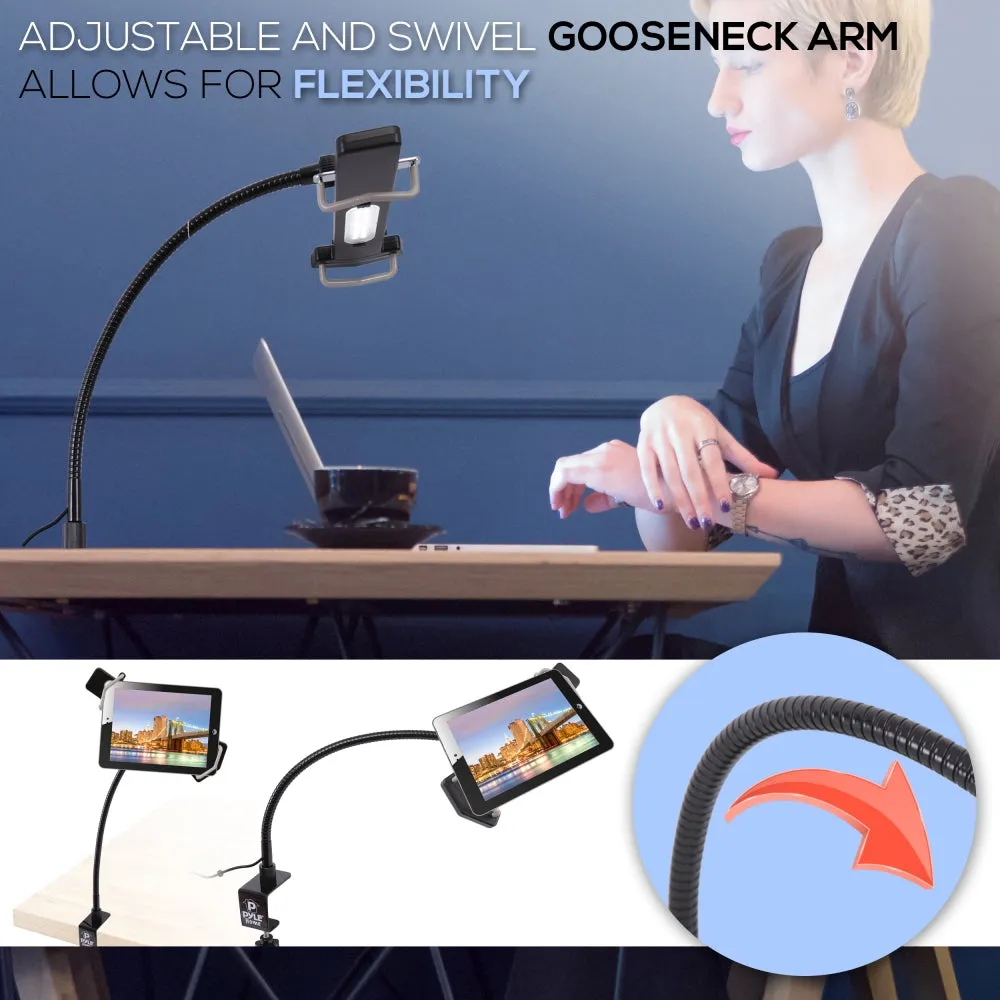 Gooseneck Seat Desk Bolt Clamp Mount Bracket Tablet Holder For All Ipads, Kindle, Androids, Ereaders, Nexus,Sansumg Galaxy Table/Surface Clamp, Swivel/Adjustable Gooseneck Arm, Led Lights, & Usb Charge Port