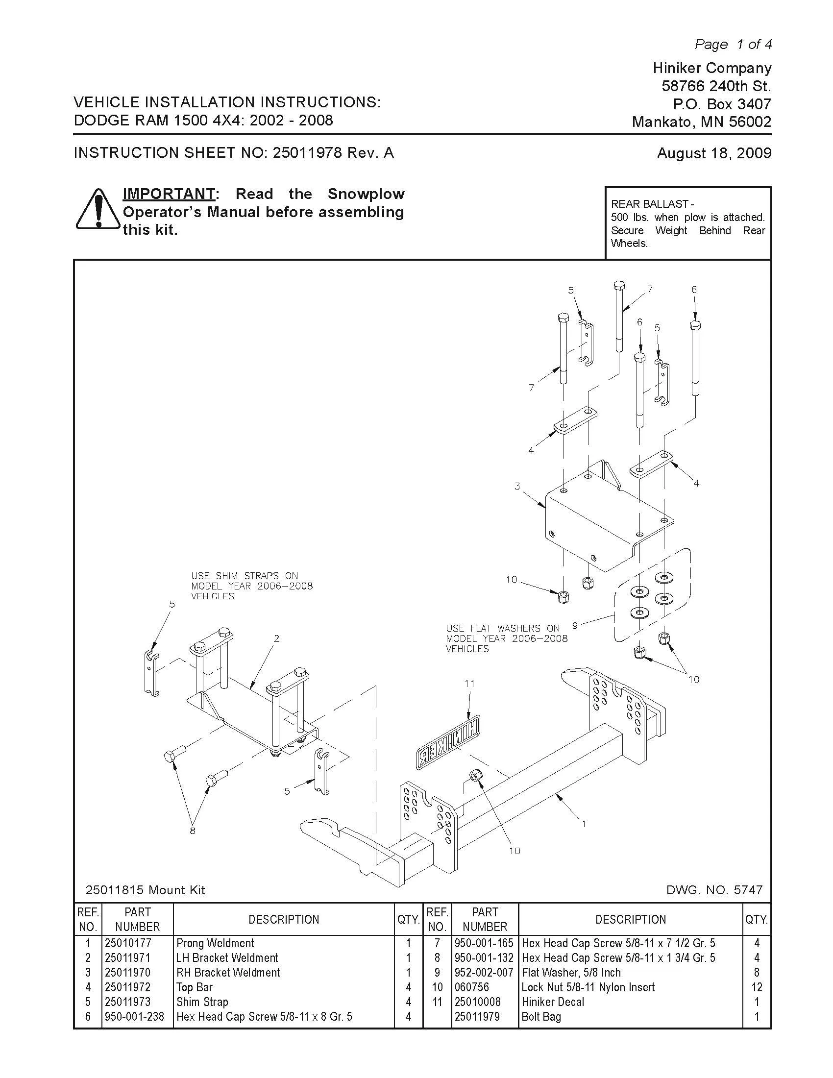 Hiniker Snowplow Mount - Quick Hitch 1 (QH1), 2002-2008 Dodge Ram 1500, 25011815