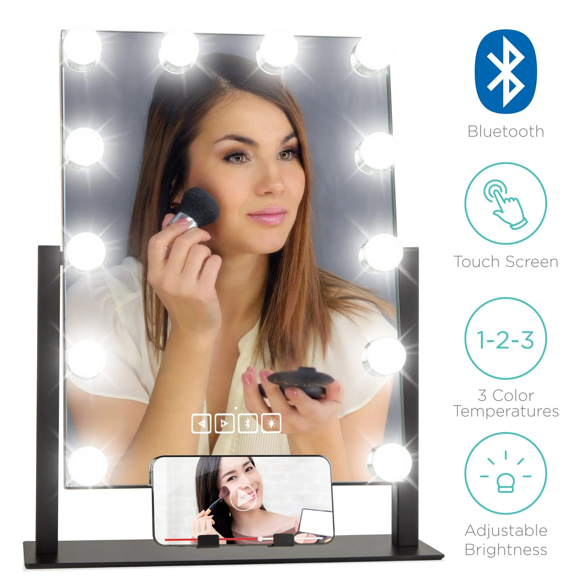 Hollywood Vanity Mirror w/ Bluetooth Speakers, 3 Color Temps, Phone Stand