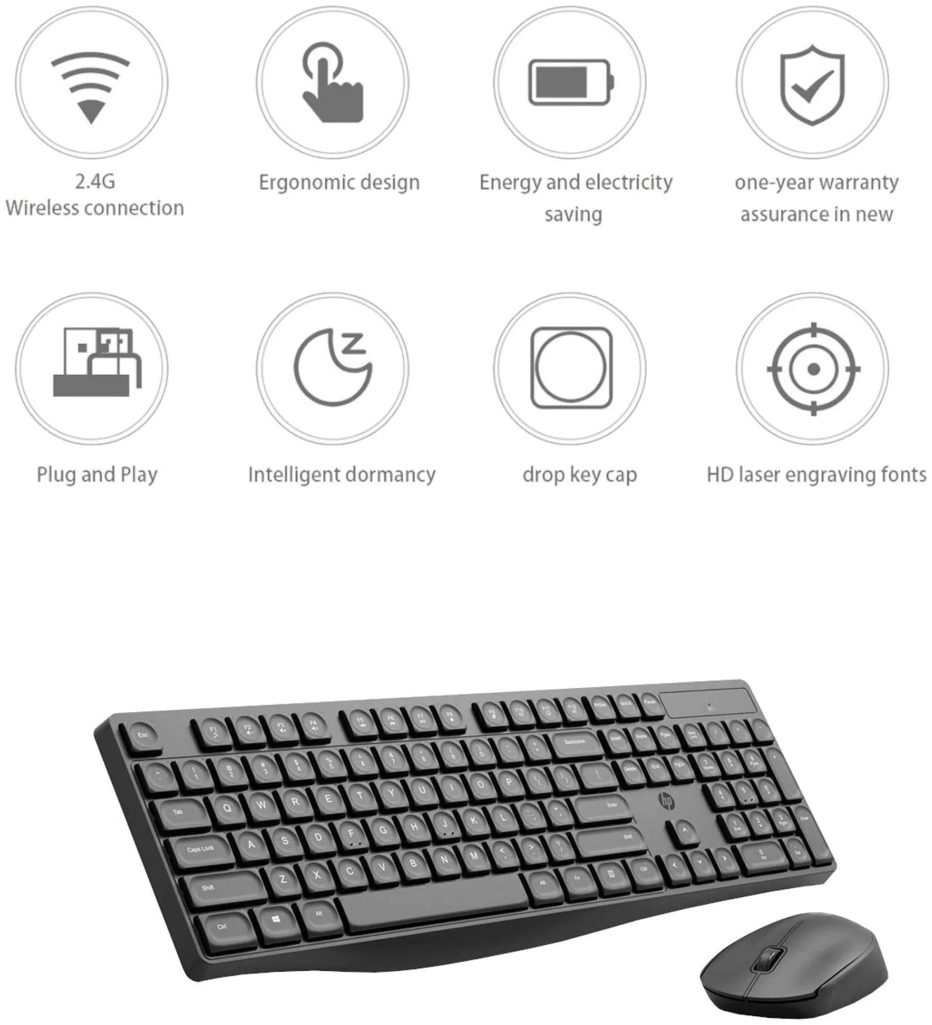 HP CS10 Wireless Keyboard Mouse Combo/2.4 GHz Wireless Connection/Ergonomic Design/Energy and Electricity Saving/Plug and Play, Intelligent Dormancy/Drop Key Cap/ 1600 dpi/Black (7YA13PA)