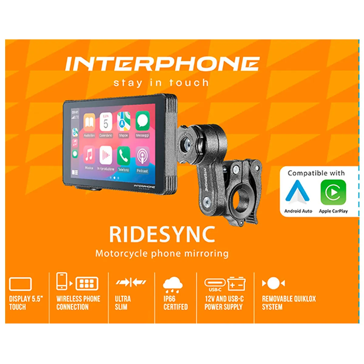 Interphone Ridesync Smartphone Connection System Black With CarPlay & Android Auto