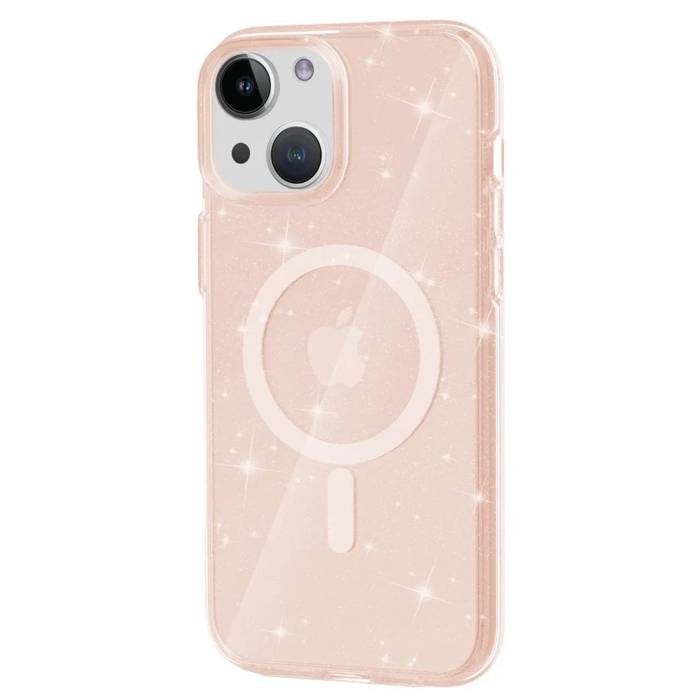 iPhone 15 Plus MagSafe Hybrid Hard Case with TPU Bumper Glitter Design - Rose Gold / Transparent