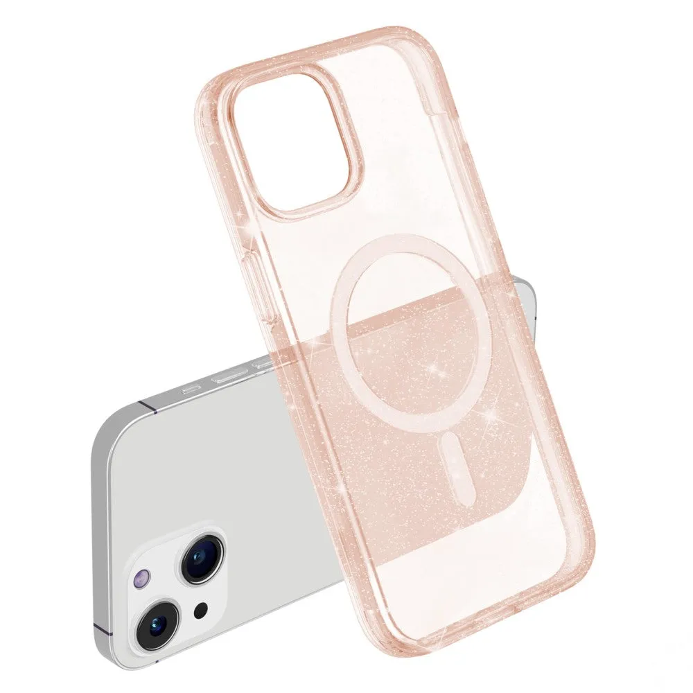 iPhone 15 Plus MagSafe Hybrid Hard Case with TPU Bumper Glitter Design - Rose Gold / Transparent