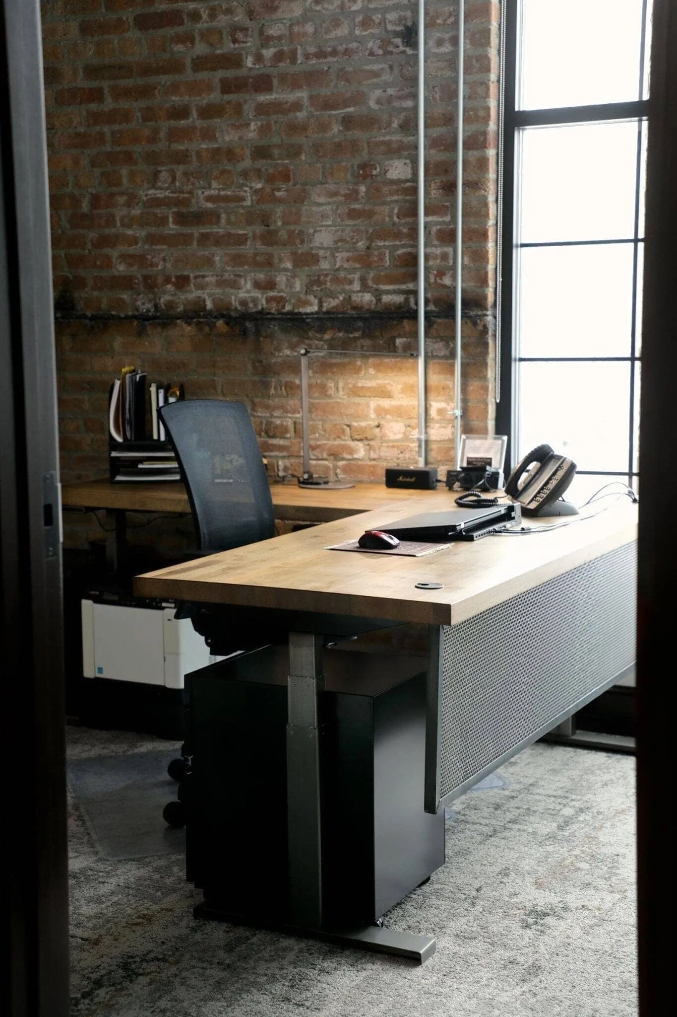 Iron Age Modern Industrial Desk - Steel Base - Adjustable Height - L Shape