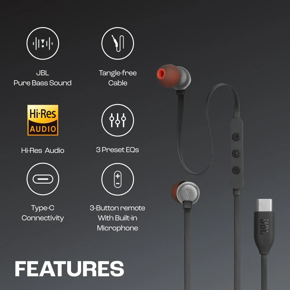 JBL Tune 310 Wired in-Ear Type C Headphones, Hi-Res Audio with Digital-to-Analog Converter