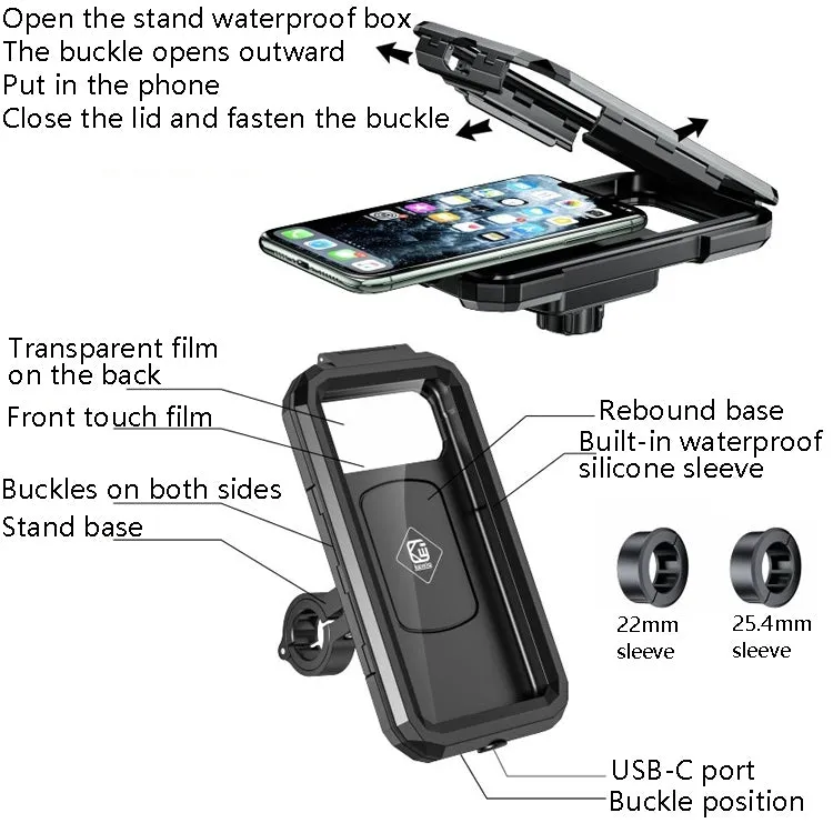 Kewig Bicycle Motorcycle Waterproof Box Mobile Phone Bracket Riding Touch Mobile Phone Fixed Seat(M18L-B1 Large Handlebar Installation)