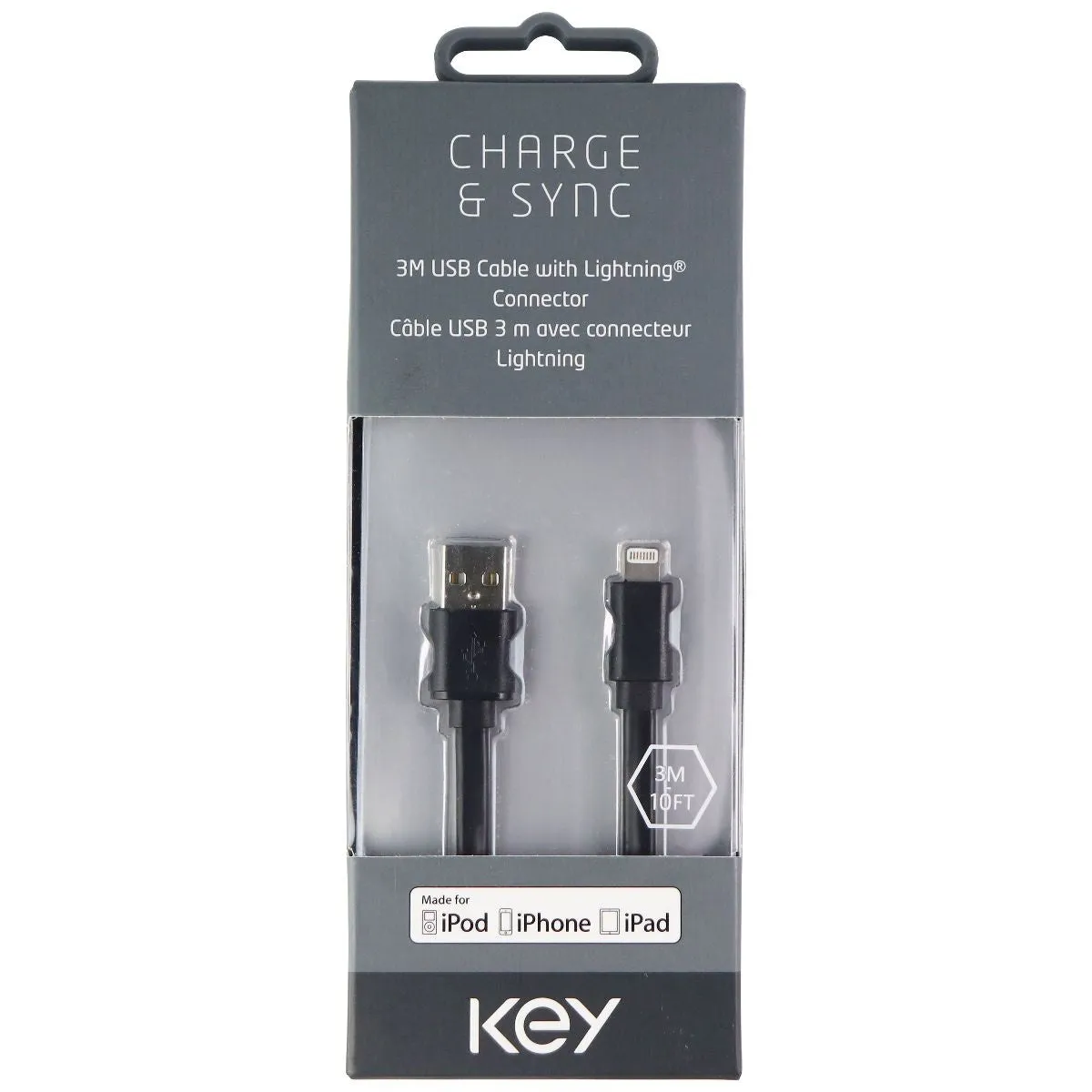 Key (10-Foot) MFi Certified Lightning to USB Charging Cable for iPhone - Black