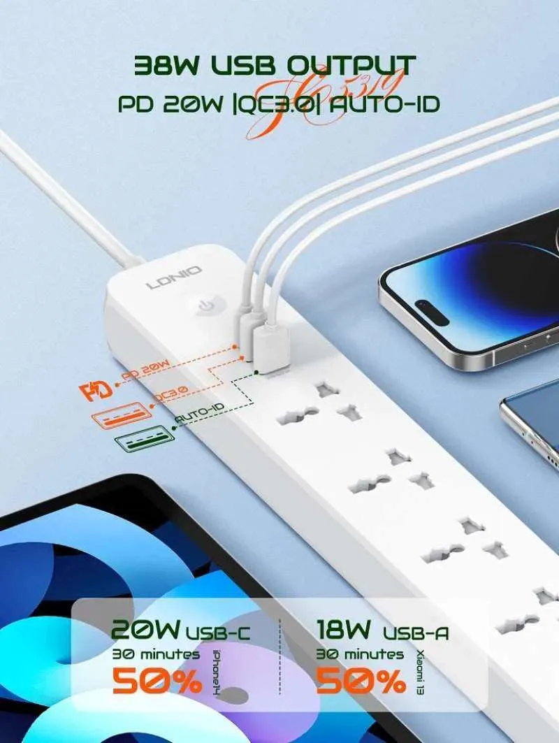 LDNIO SC5319 | 2500W PD & QC3.0 Power Socket  | With 38W Type-C & USB Ports