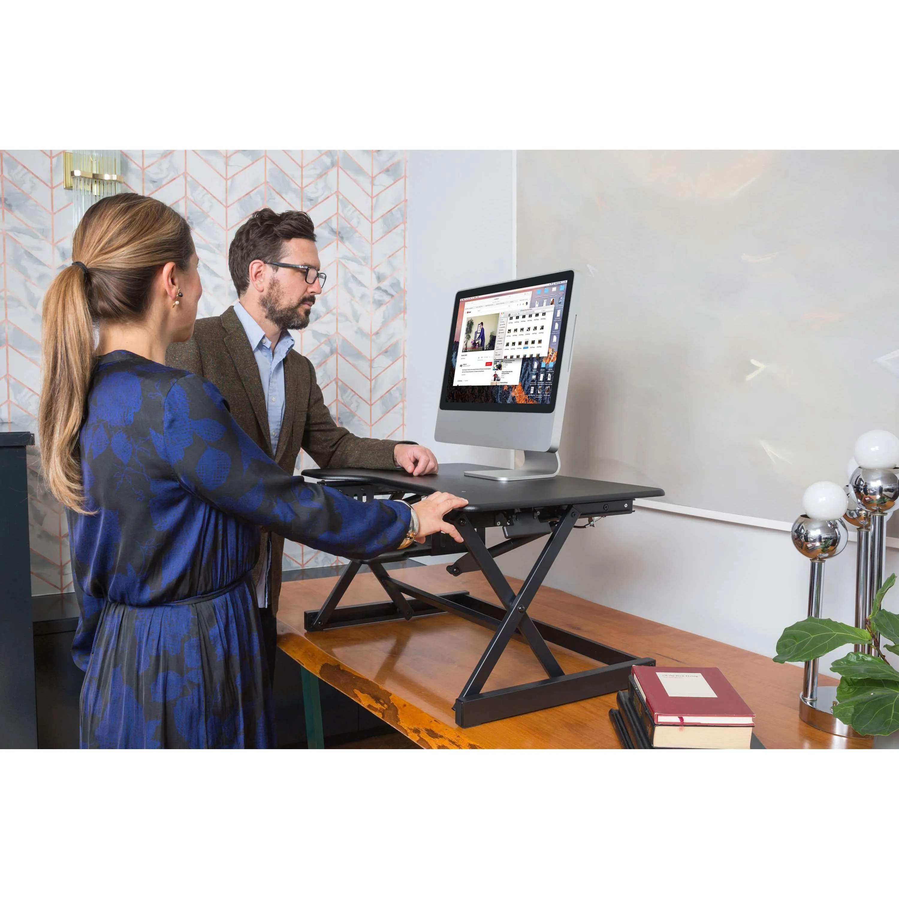 Lorell/Rocelco 32” Height-Adjustable Dual Monitor Standing Desk Converter | Retractable Keyboard Tray | R EADRB2, Black