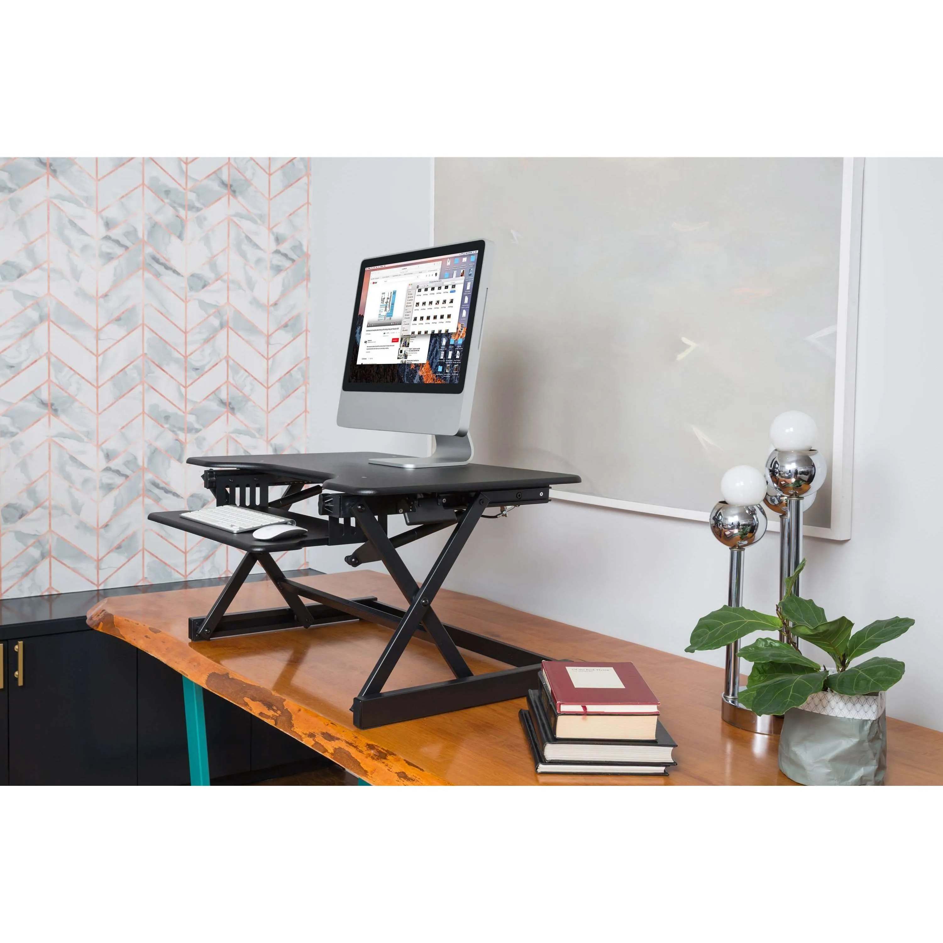 Lorell/Rocelco 32” Height-Adjustable Dual Monitor Standing Desk Converter | Retractable Keyboard Tray | R EADRB2, Black