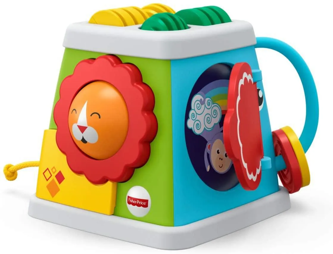 Mattel Fisher-Price Play & Learn Activity Toy, Take and Turn Activity Cube With peek-a-boo lion baby’s touch with fun sounds