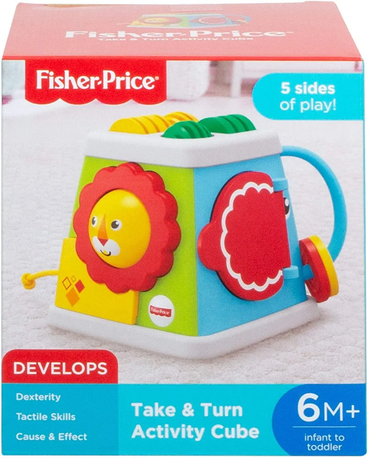 Mattel Fisher-Price Play & Learn Activity Toy, Take and Turn Activity Cube With peek-a-boo lion baby’s touch with fun sounds