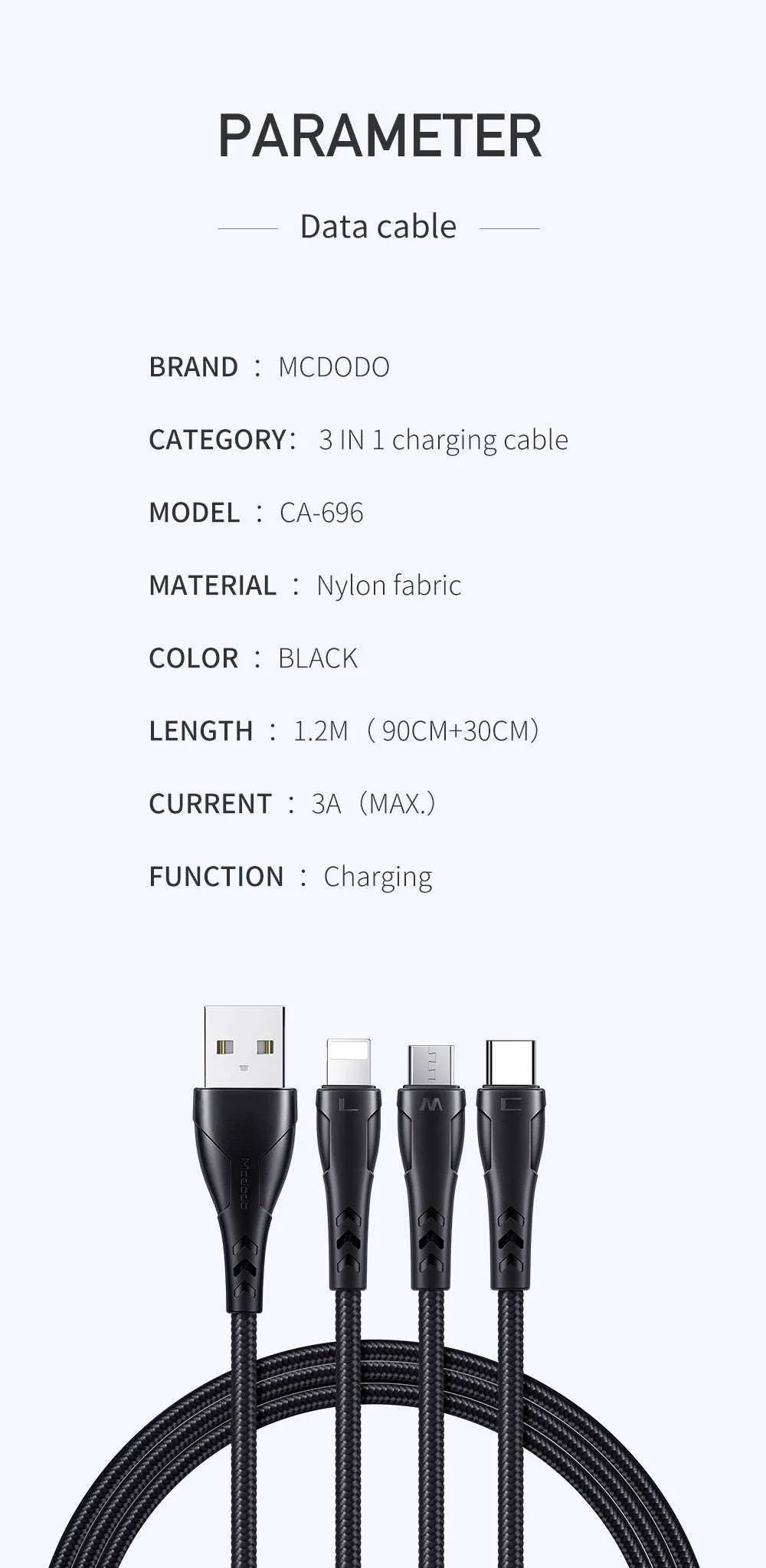 Mcdodo CA-696 | USB to Type-C, Lightning & Micro Mobile Cable | 3-in-1 Cable