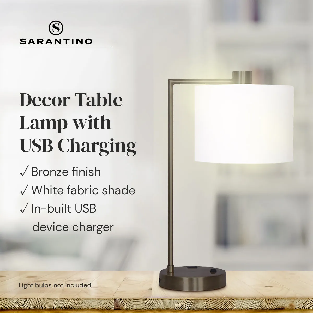 Metal Task Lamp with USB, White Shade, Bronze Finish, Sarantino