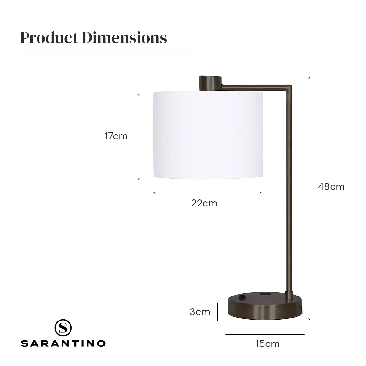 Metal Task Lamp with USB, White Shade, Bronze Finish, Sarantino