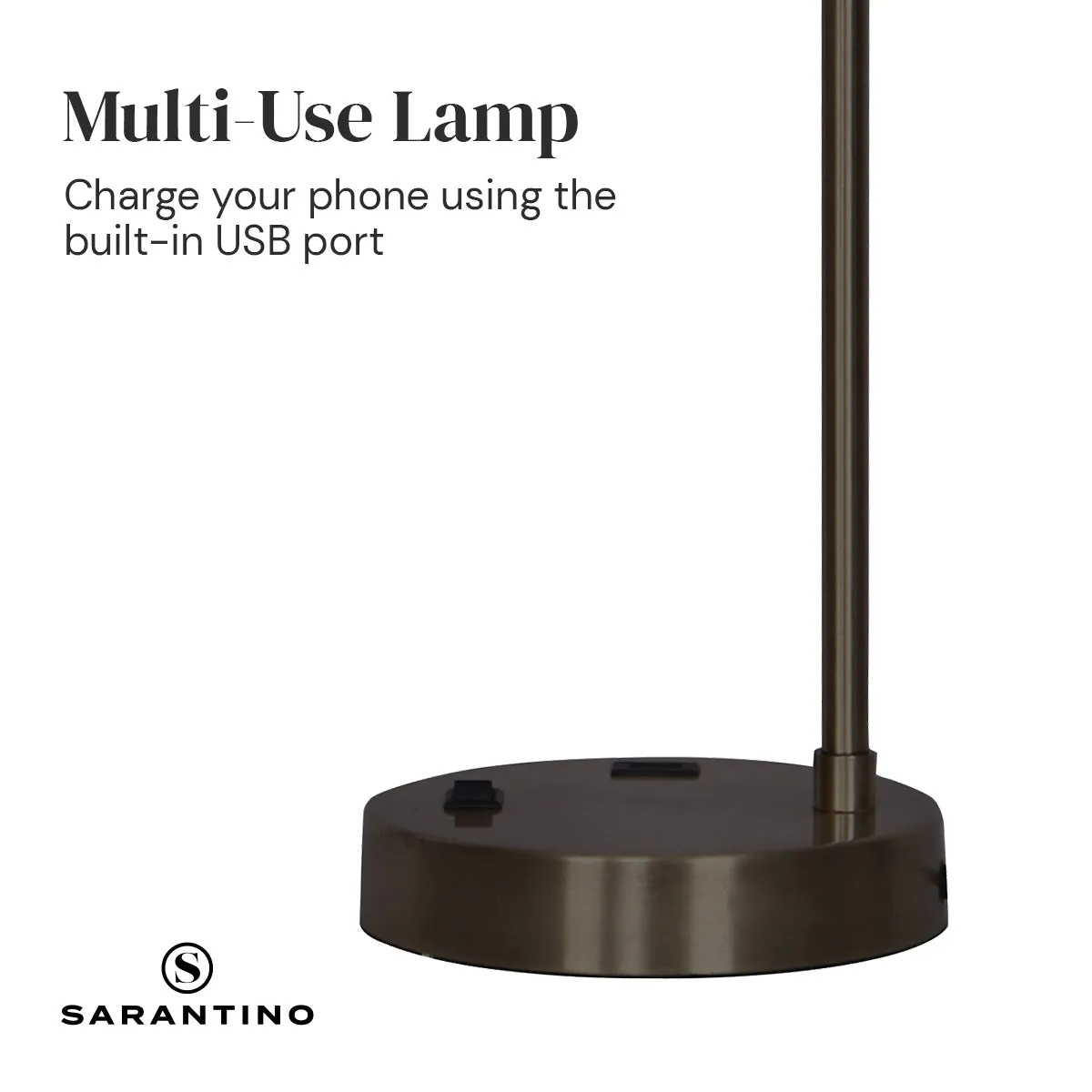 Metal Task Lamp with USB, White Shade, Bronze Finish, Sarantino