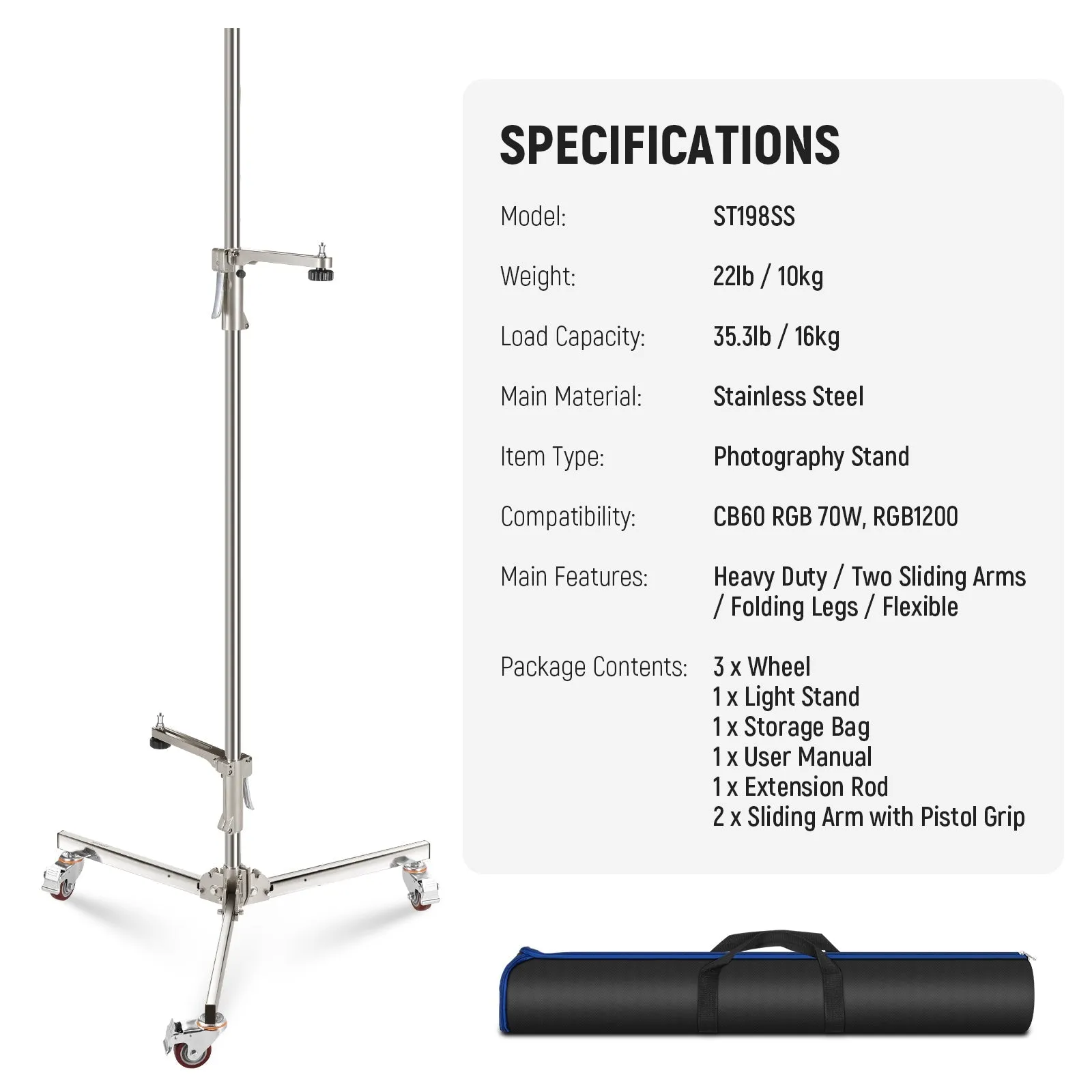 NEEWER ST198SS 6.5ft/198cm Stainless Steel Wheeled Stand