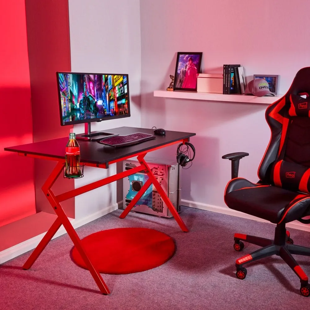 Neo Red Ergonomic PC Gaming Office Computer Desk with Headphone Hook