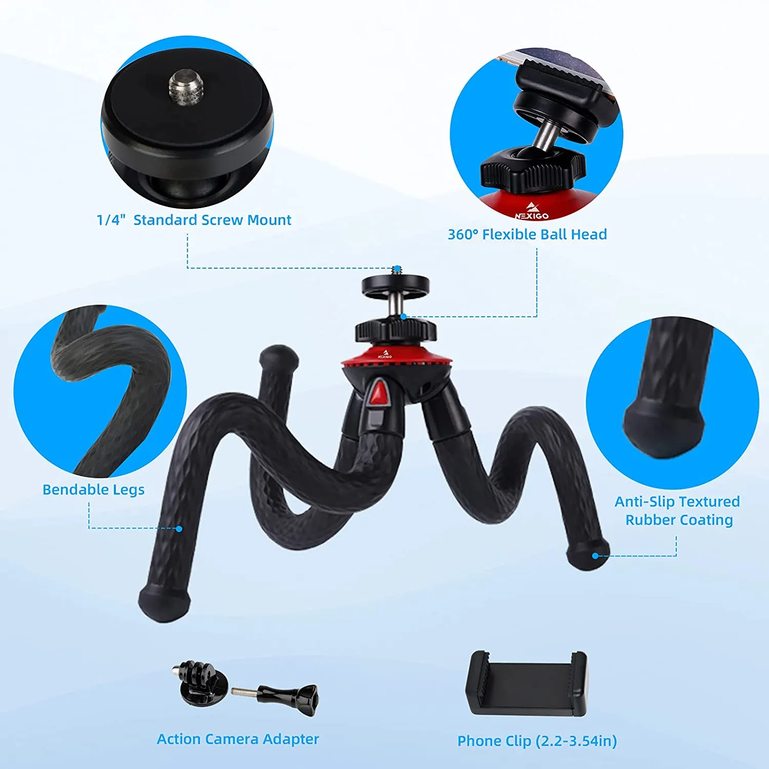 NexiGo Flexible Tripod Stand for Camera/Phone/Webcam