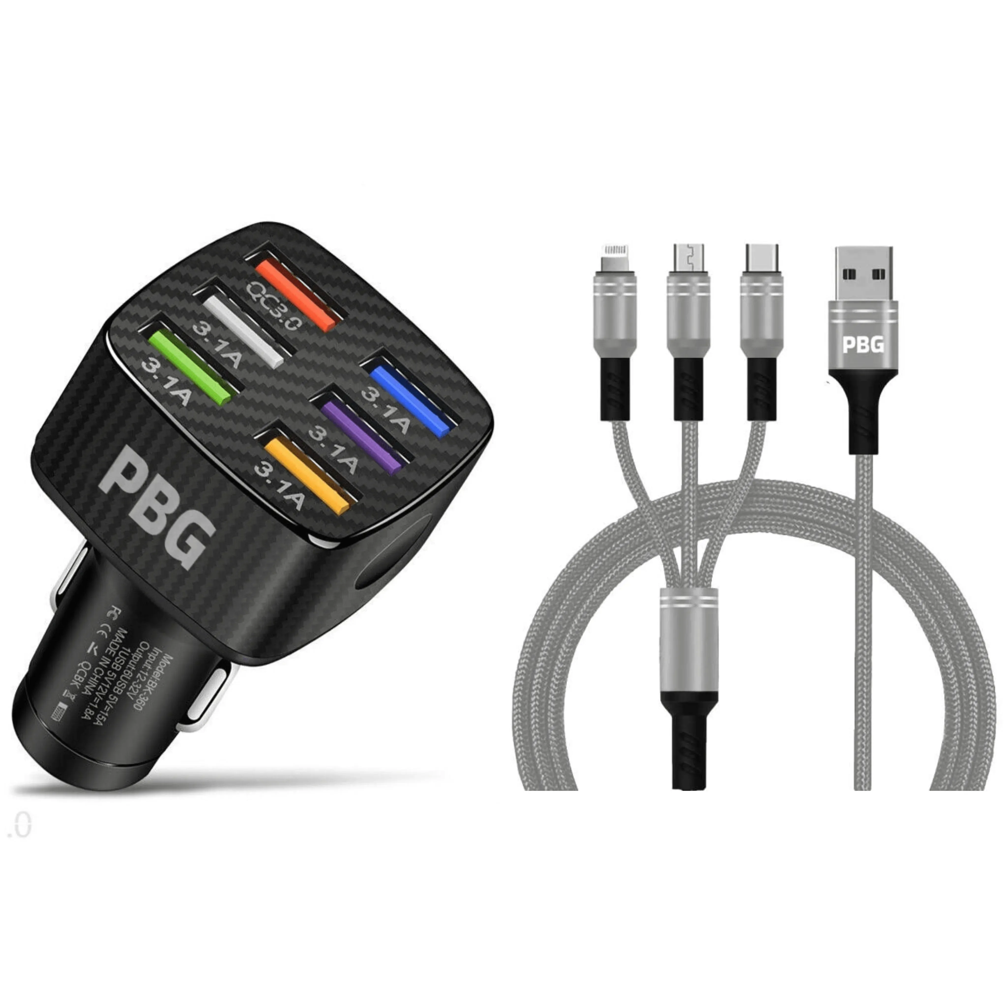 PBG LED 6 Port Car Charger and 4FT- 3 In 1 Cable Combo!