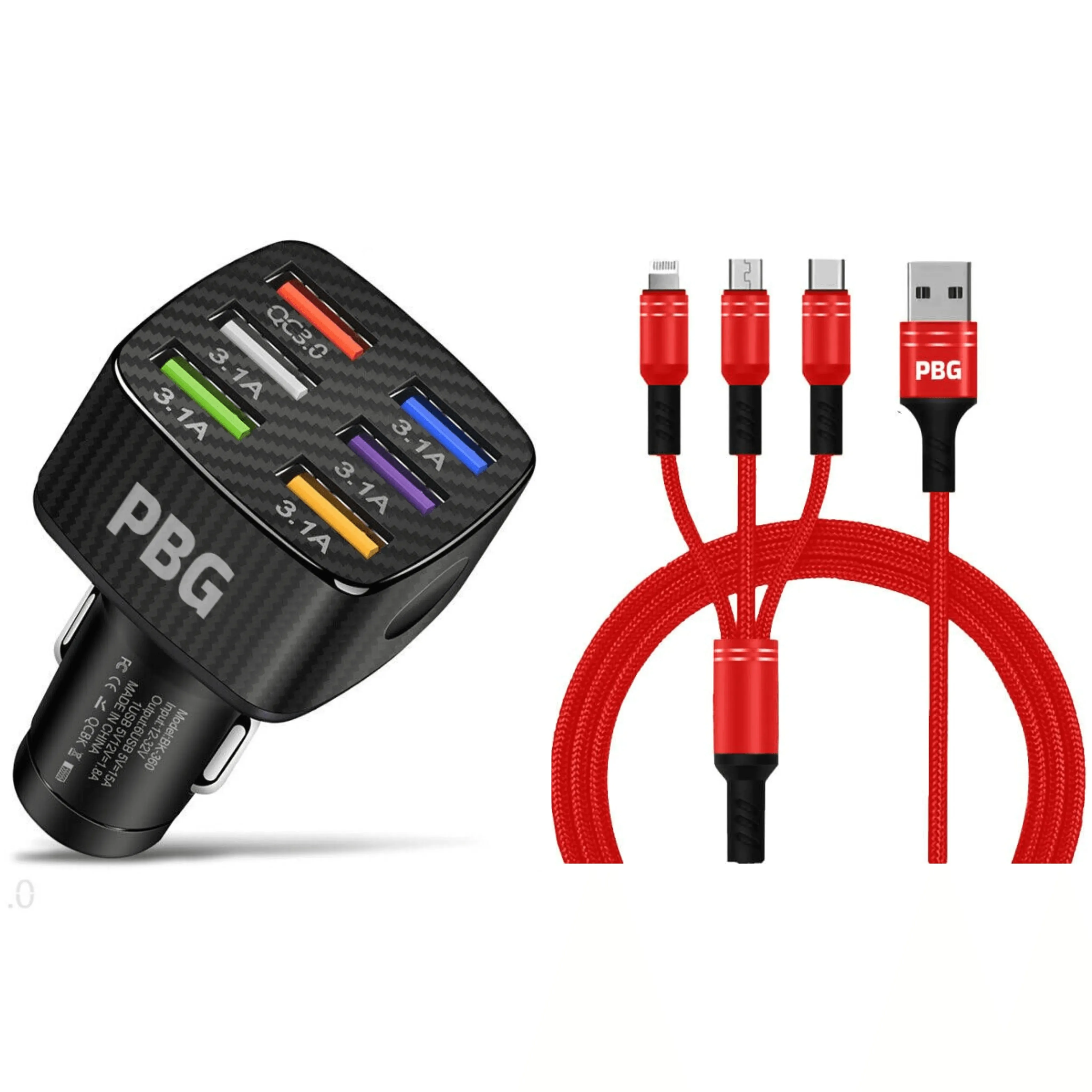 PBG LED 6 Port Car Charger and 4FT- 3 In 1 Cable Combo!