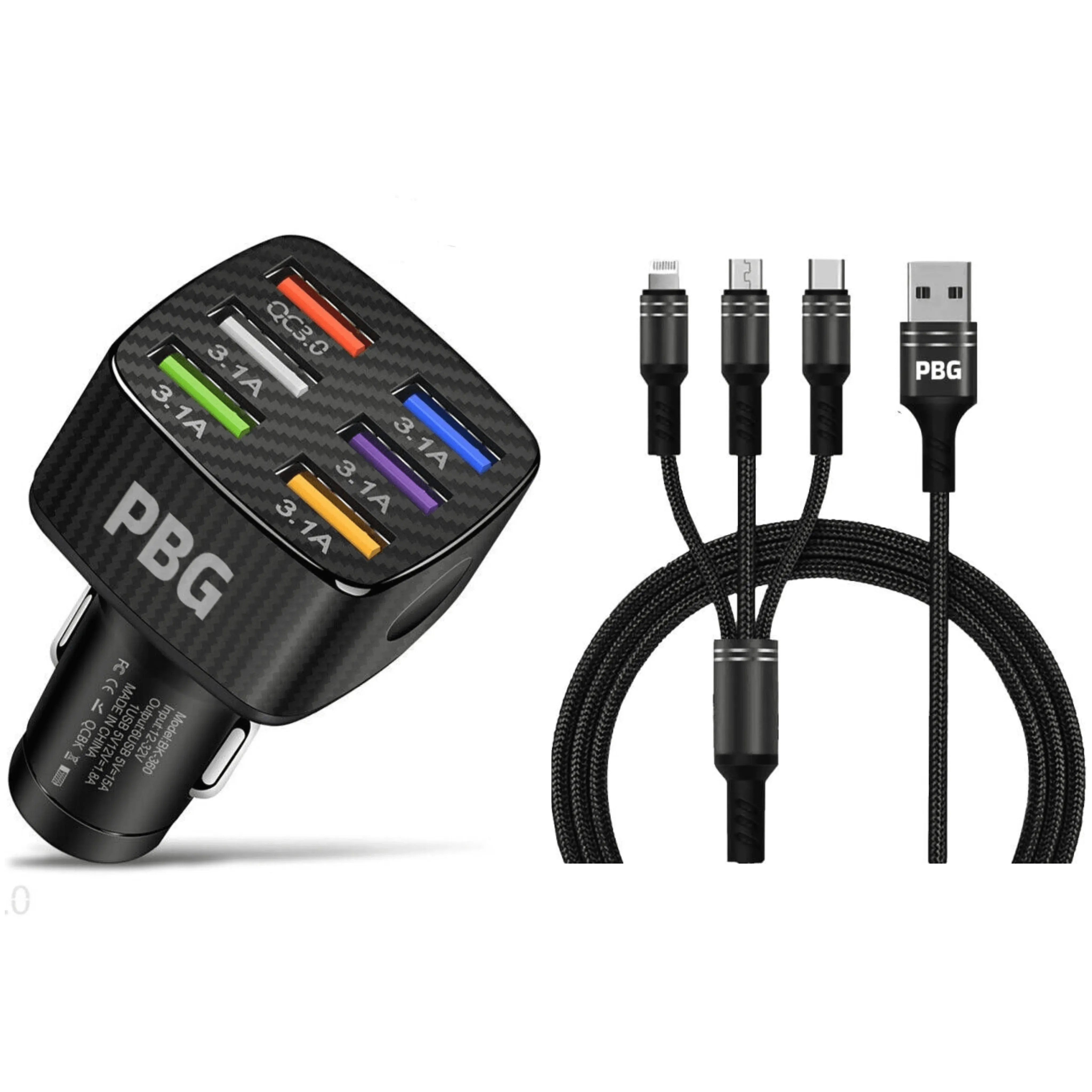 PBG LED 6 Port Car Charger and 4FT- 3 In 1 Cable Combo!