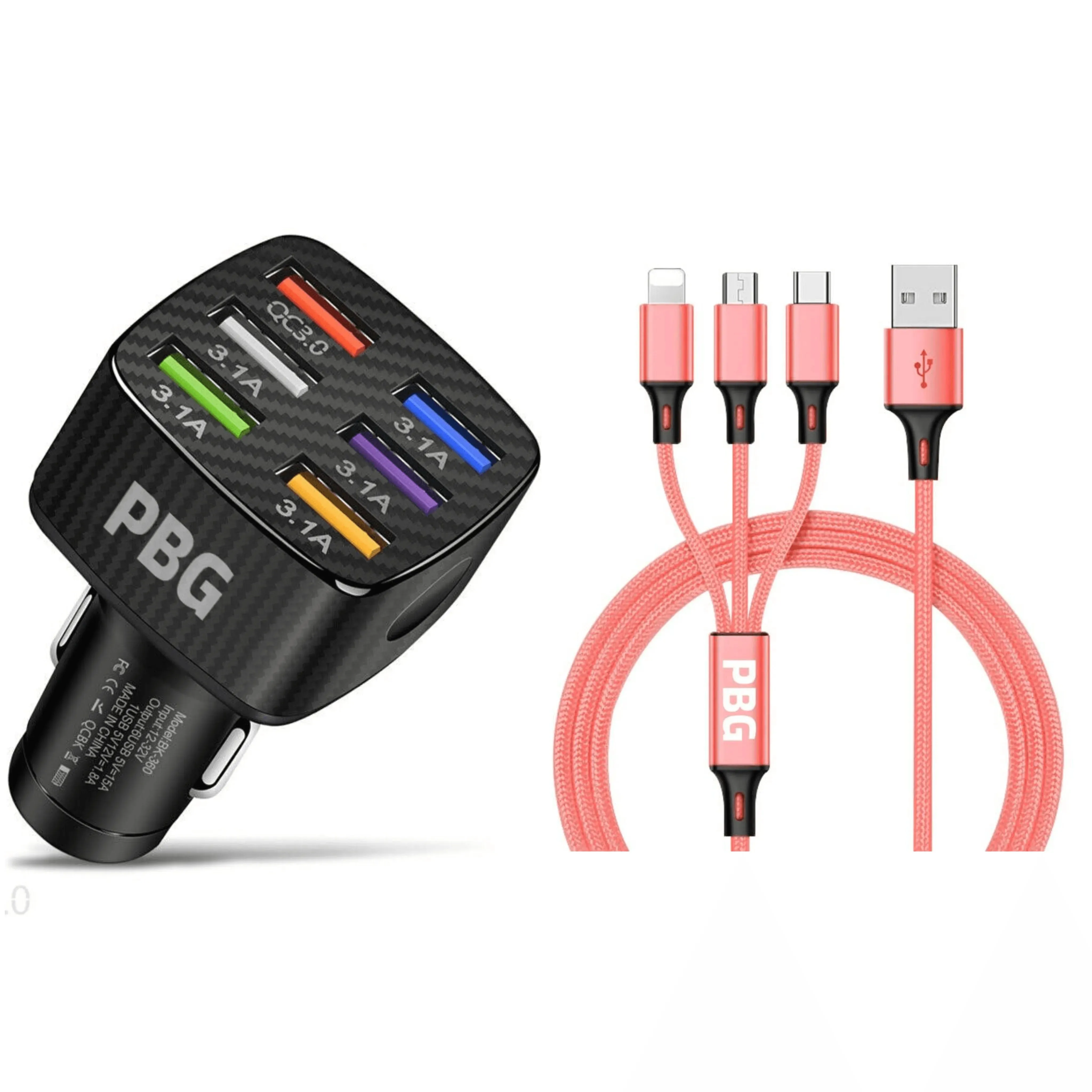 PBG LED 6 Port Car Charger and 4FT- 3 In 1 Cable Combo!