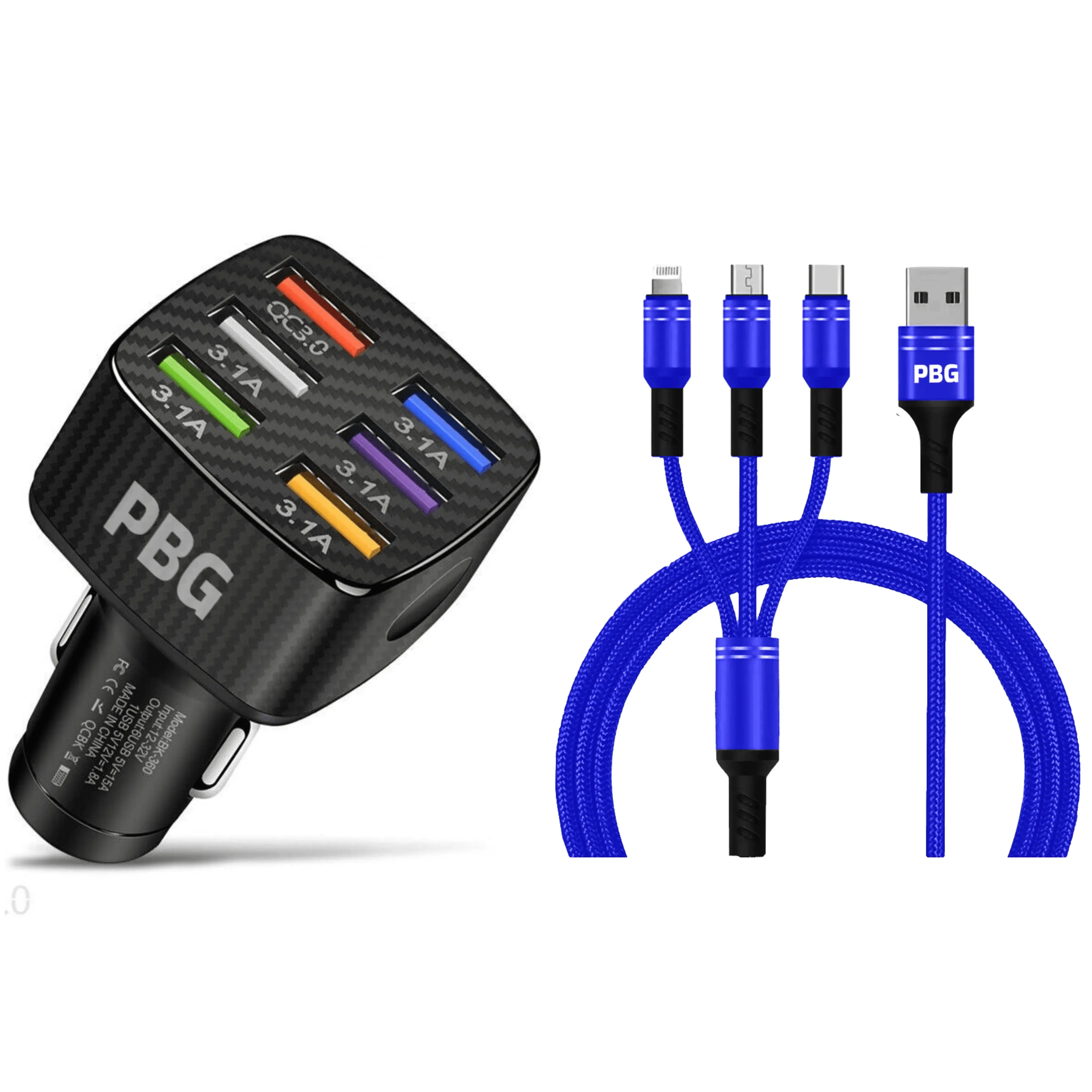 PBG LED 6 Port Car Charger and 4FT- 3 In 1 Cable Combo!